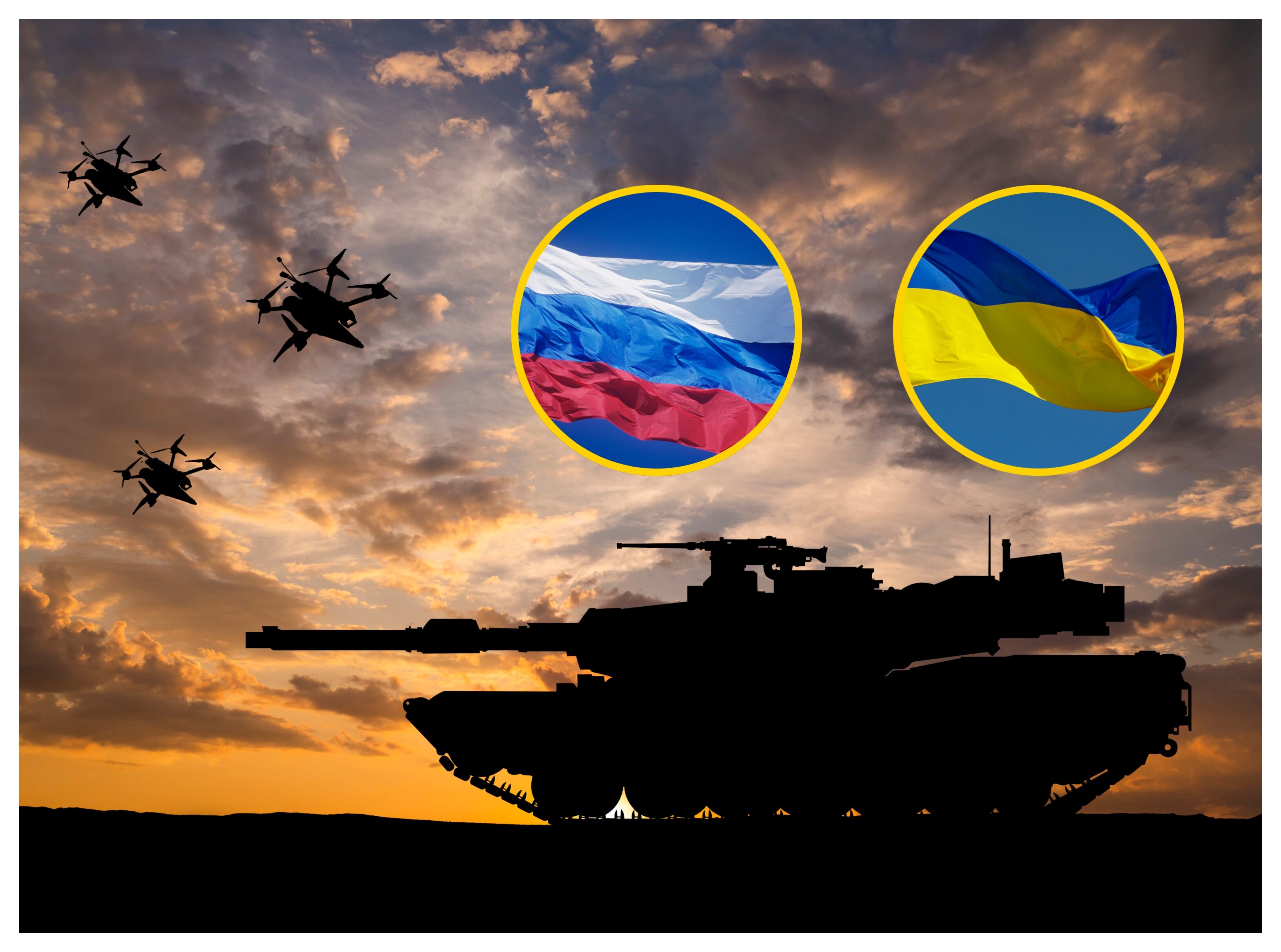 Banderas de Rusia y Ucrania, drones. Foto: Anton Petrus.