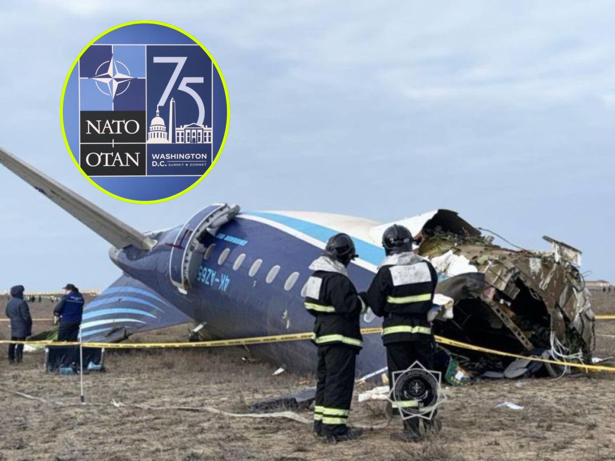 Avión caído en Kazajistán. I Foto: Emergency Situations of Kazakhstan/Anadolu via Getty Images. Logo de la OTAN. I Foto: Jakub Porzycki/NurPhoto via Getty Images.