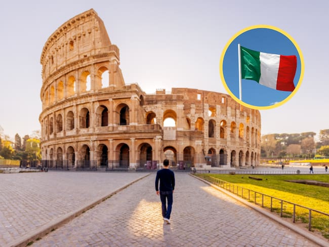 Vista de una persona caminando hacia el Coliseo en Roma. En el círculo, bandera de Italia (Fotos vía GettyImages)