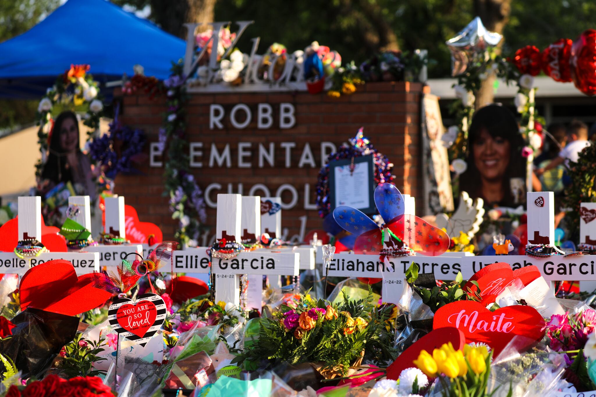 TEXAS - UVALDE - MAY 30: A memorial for the 19 children and two adults killed on May 24th during a mass shooting at Robb Elementary School is seen on May 30, 2022 in Uvalde, Texas. (Photo by Yasin Ozturk/Anadolu Agency via Getty Images)