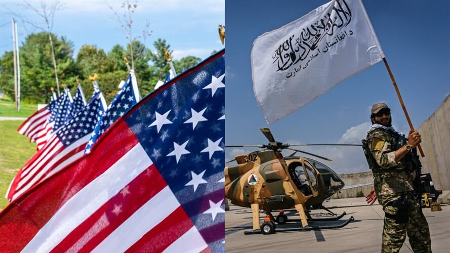 Bandera de Estados Unidos y Talibanes. Foto: Getty Images / EE.UU. tendrá un primer diálogo con los talibanes desde su retirada de Afganistán