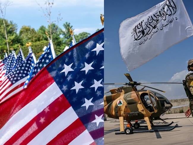 Bandera de Estados Unidos y Talibanes. Foto: Getty Images / EE.UU. tendrá un primer diálogo con los talibanes desde su retirada de Afganistán
