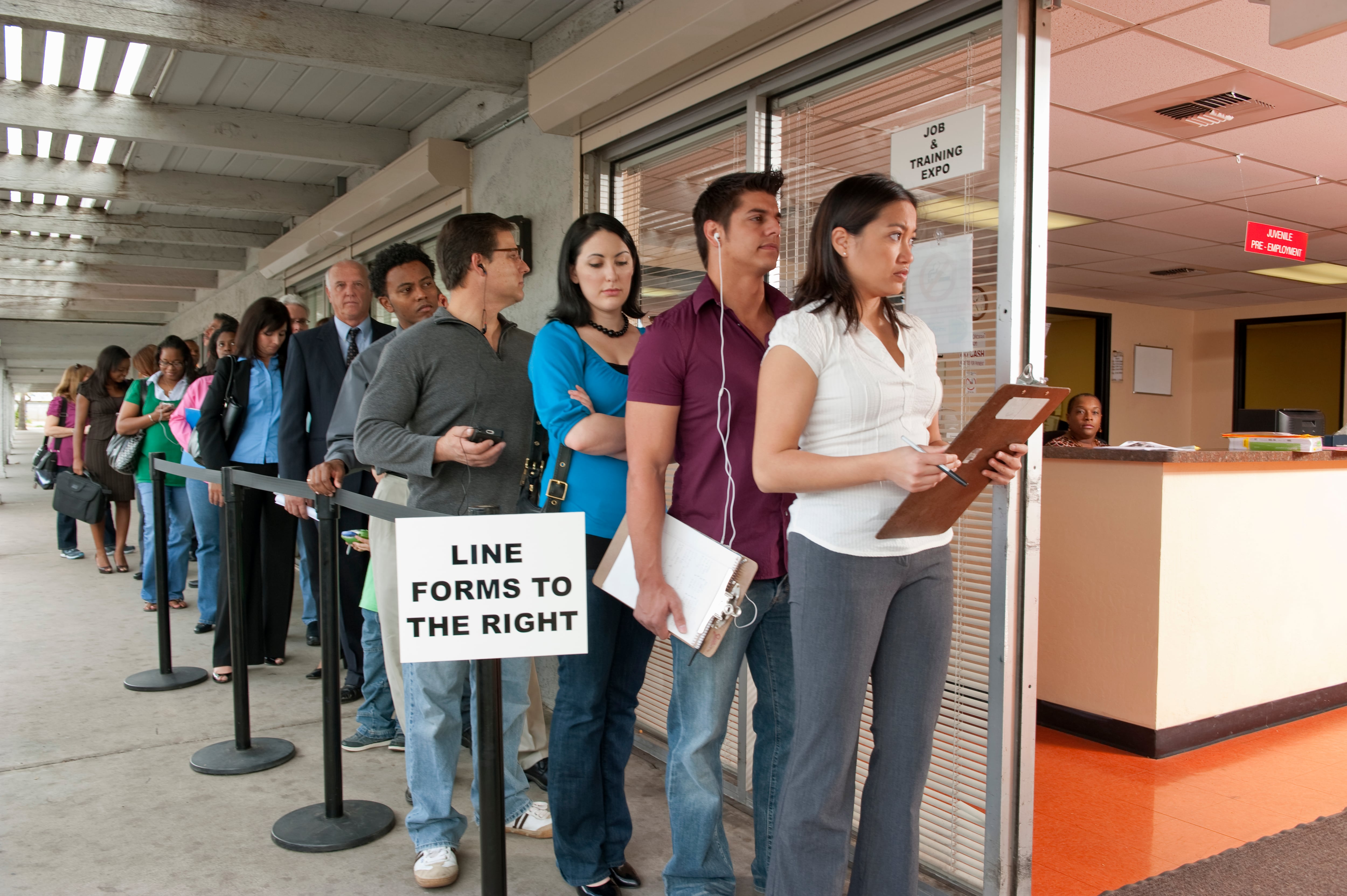 unemployment line, people out of work looking for a job. Photo: Getty Images