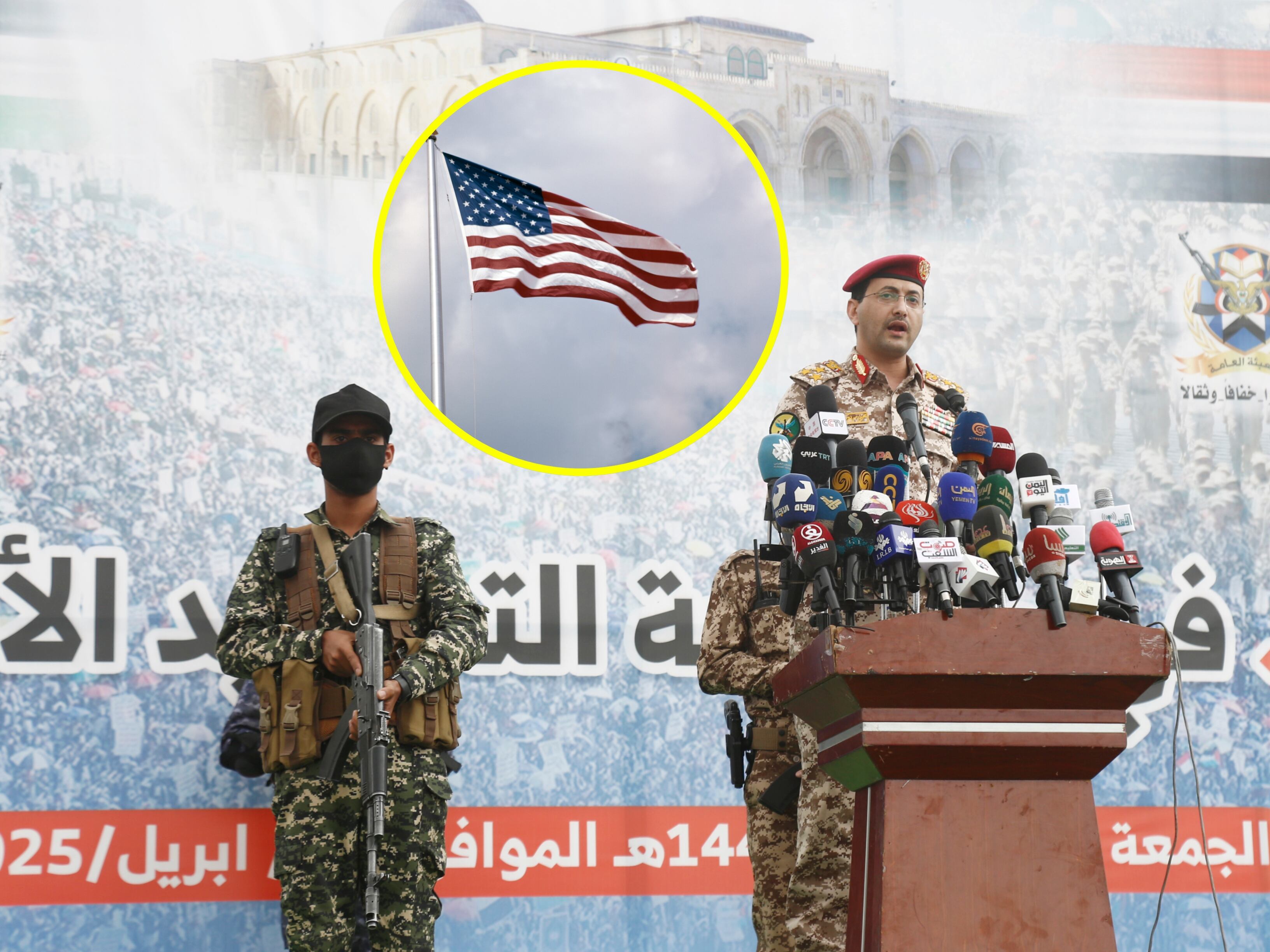 Portavoz militar de los hutíes, Yahya Sarea y bandera de EE.UU.Foto:Mohammed Hamoud y H. Armstrong Roberts/Classicstock/Getty Images