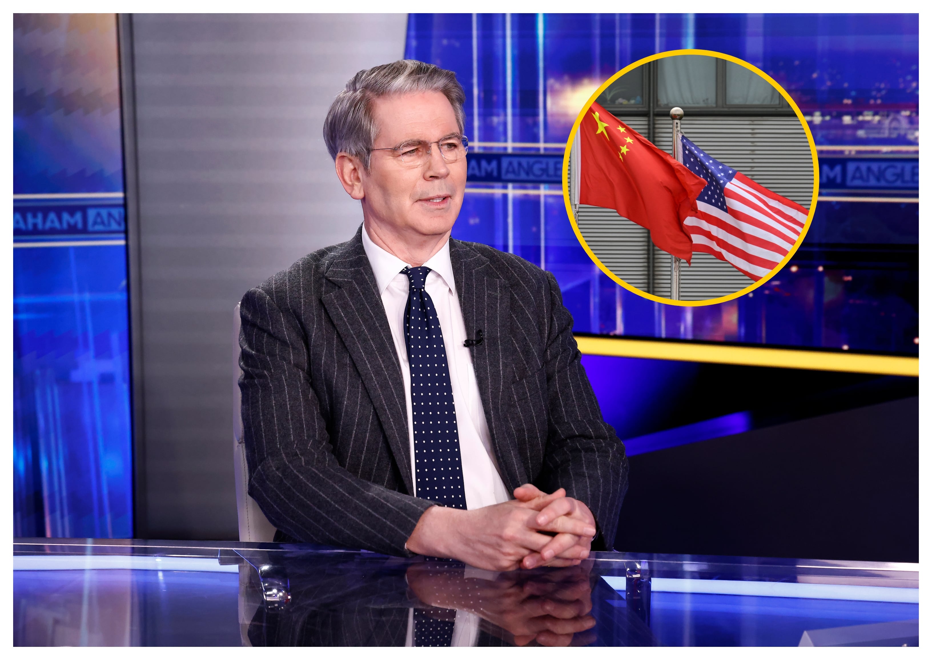 Scott Bessent y banderas de EE.U. y China. Foto: Paul Morigi/ Hector Retamal/ AFP/ Getty Images.