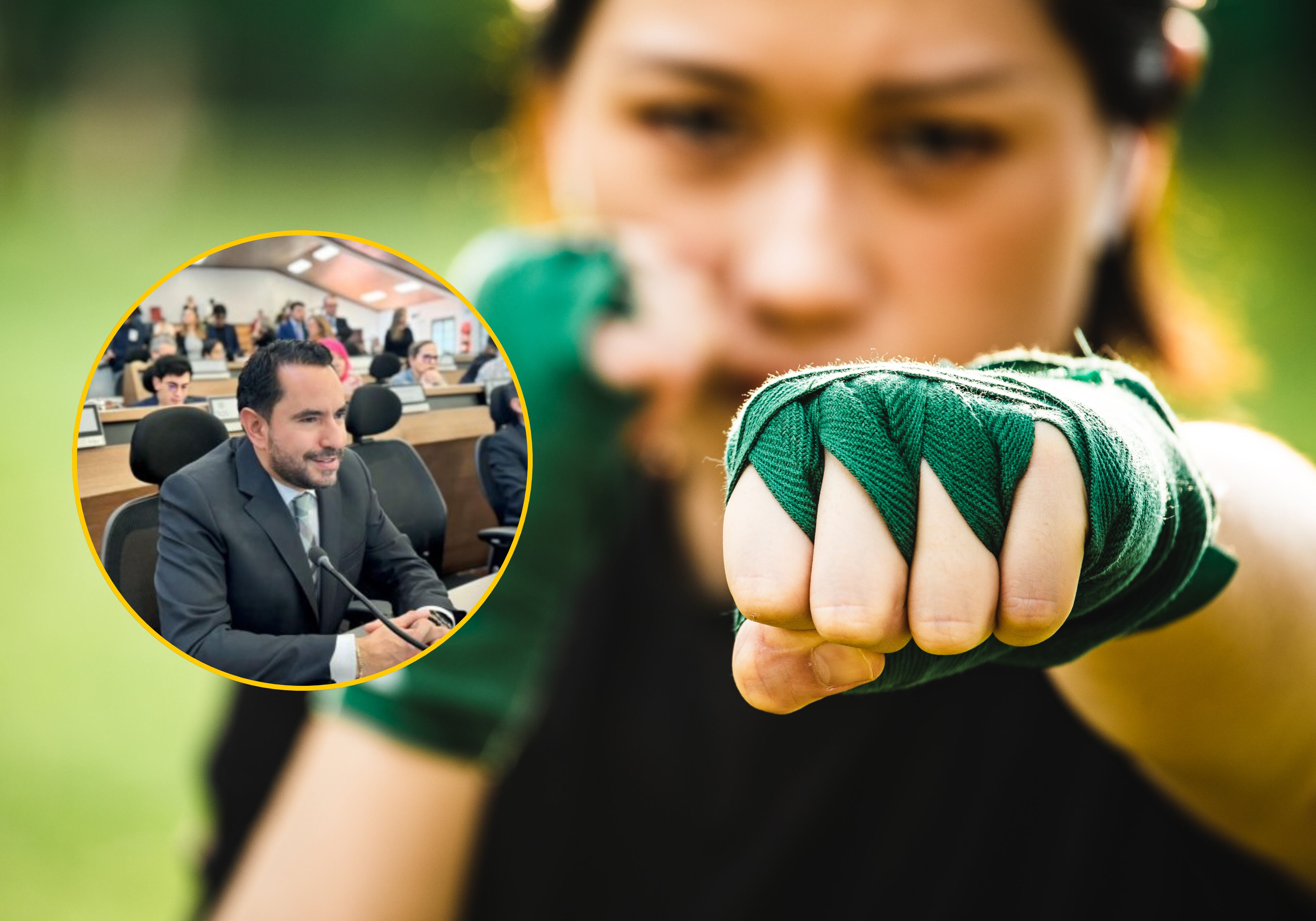Imagen de referencia de una mujer practicando artes marciales (Kilito Chan/Getty Images) y el concejal de Bogotá Rolando González (X/@ConcejoDeBogota)