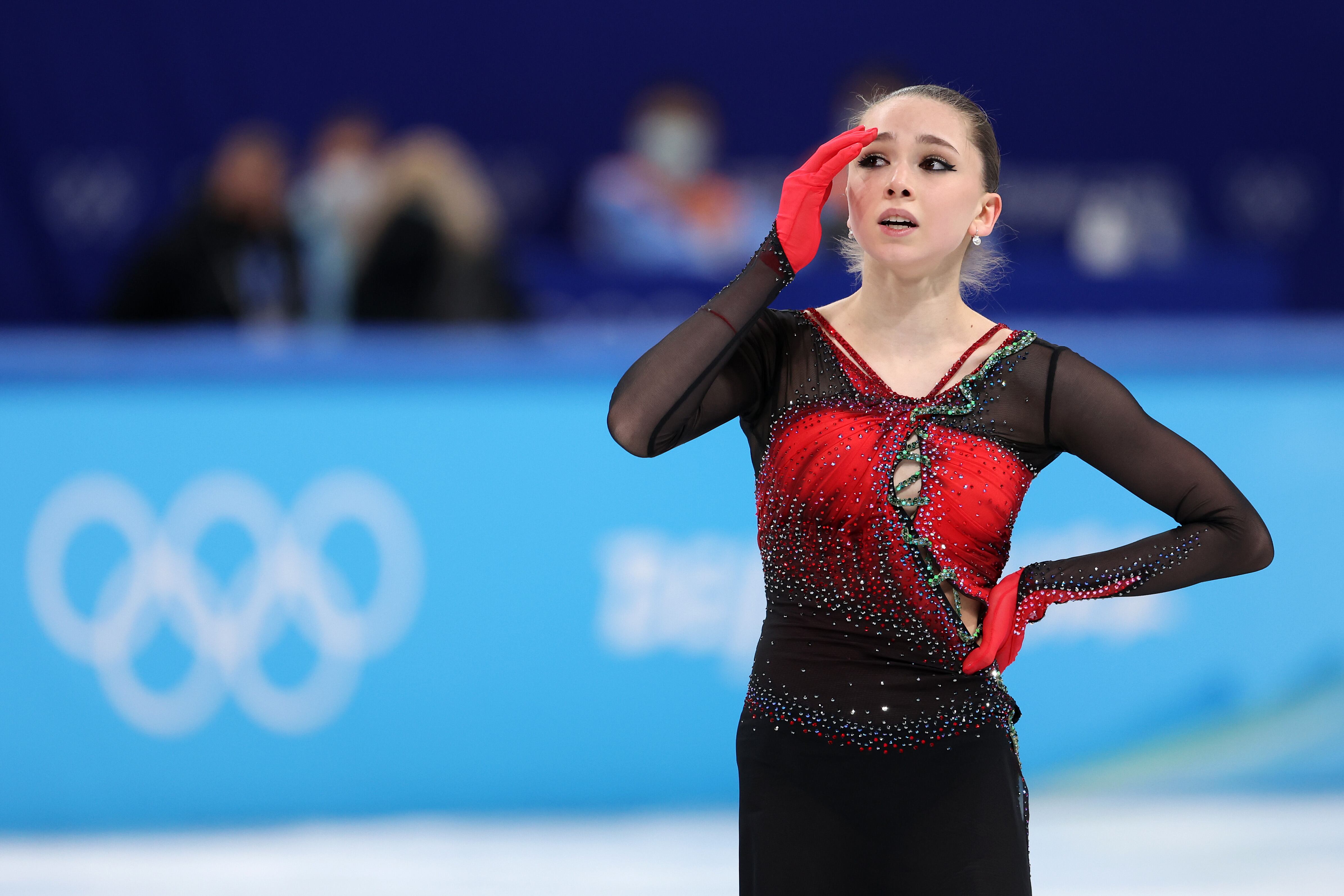 BEIJING, CHINA - FEBRUARY 07: Kamila Valieva of Team ROC reacts during the Women Single Skating Free Skating Team Event on day three of the Beijing 2022 Winter Olympic Games at Capital Indoor Stadium on February 07, 2022 in Beijing, China. (Photo by Lintao Zhang/Getty Images)