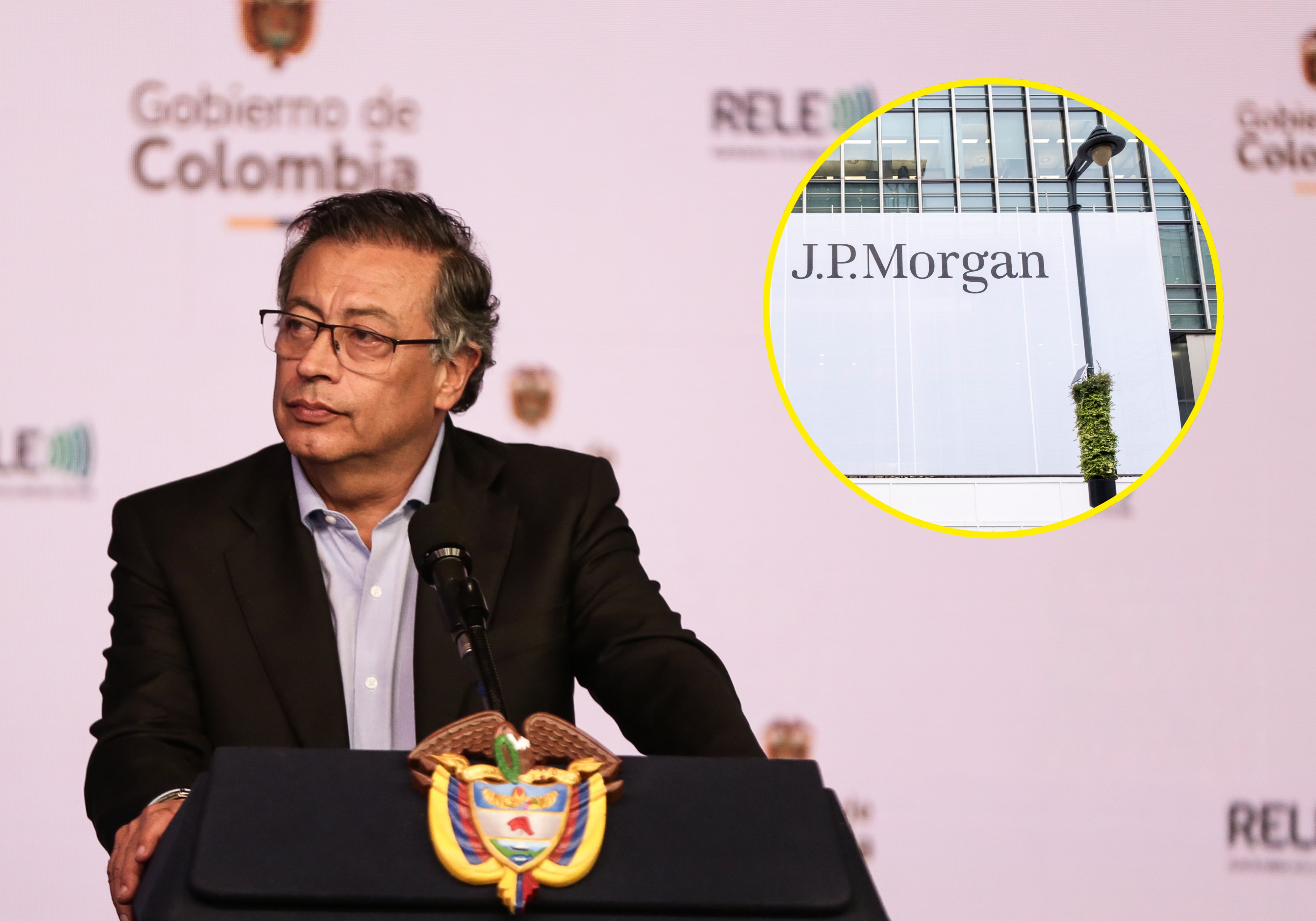El presidente Gustavo Petro y una fachada de un edificio del grupo J.P. Morgan. (Colprensa/Catalina Olaya y Getty Images/Mike Kemp)