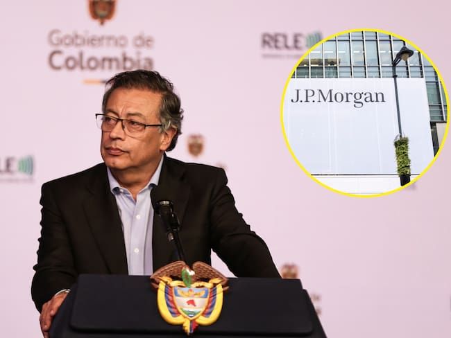 El presidente Gustavo Petro y una fachada de un edificio del grupo J.P. Morgan. (Colprensa/Catalina Olaya y Getty Images/Mike Kemp)