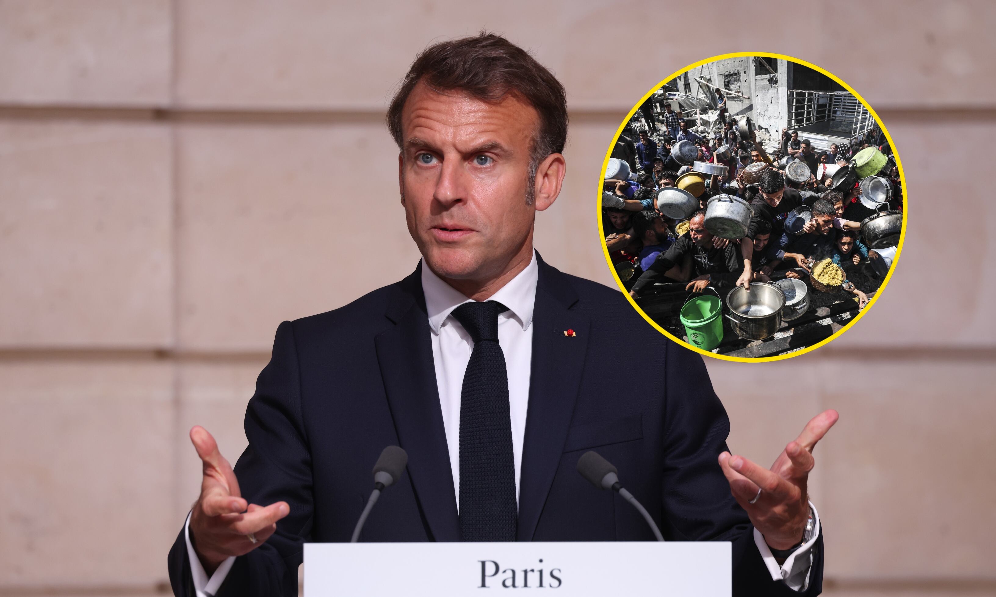 Presidente francés Emmanuel Macron. FOTO: Sean Gallup/Getty Images. // Palestinos desplazados en la Franja de Gaza. FOTO:  Mahmoud Issa/Anadolu via Getty Images