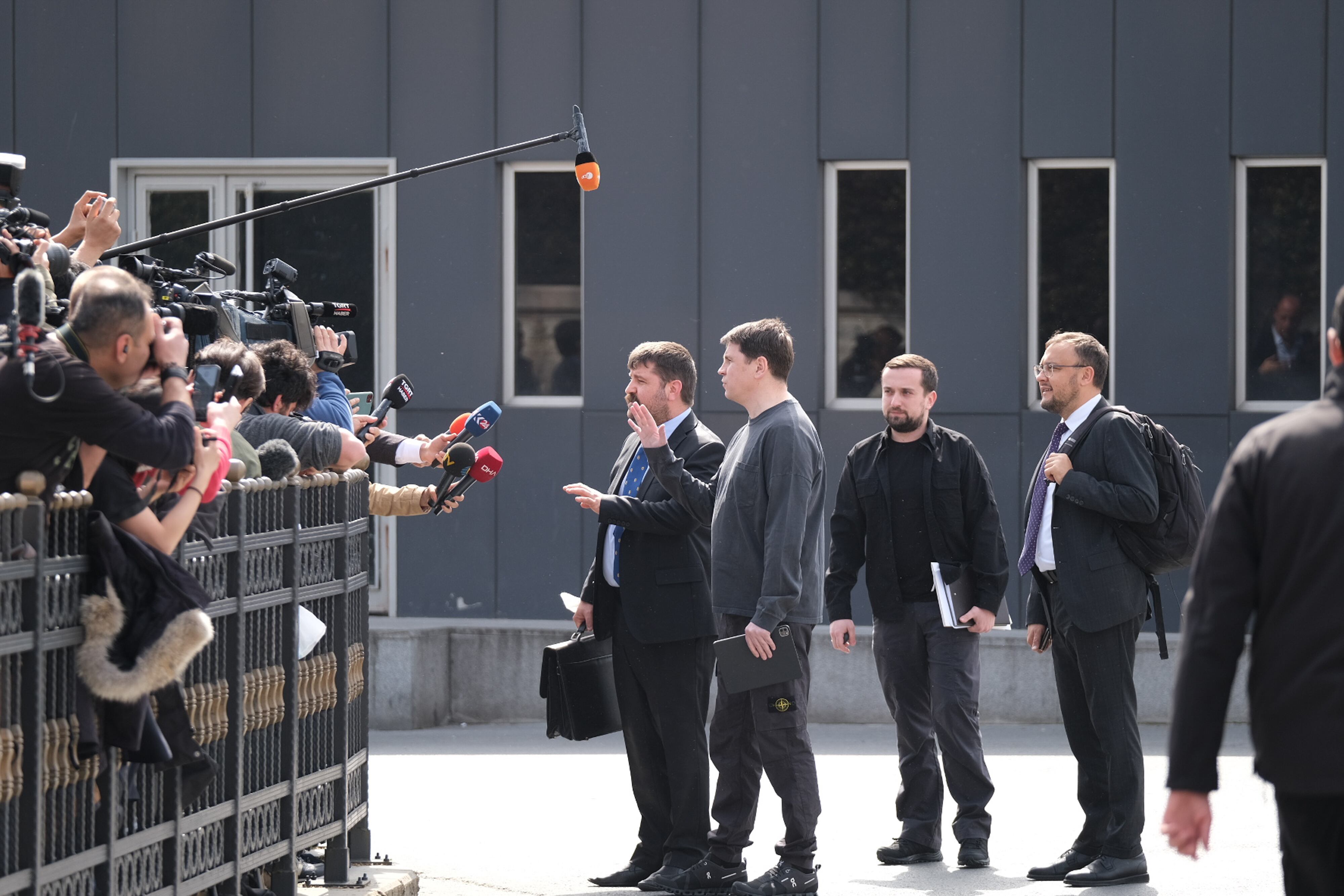 The Ukrainian delegation speaks to the press outside Dolmabahce presidential office after Russian and Ukrainian delegations' new round of peace talks in Istanbul, Turkey, on Tuesday, March 29, 2022. (Photo by: Ilker Eray/GocherImagery/Universal Images Group via Getty Images)