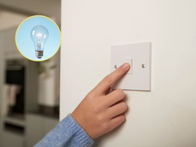 Persona usando un interruptor para encender la luz. En el círculo, la imagen de un bombillo (Fotos vía GettyImages)