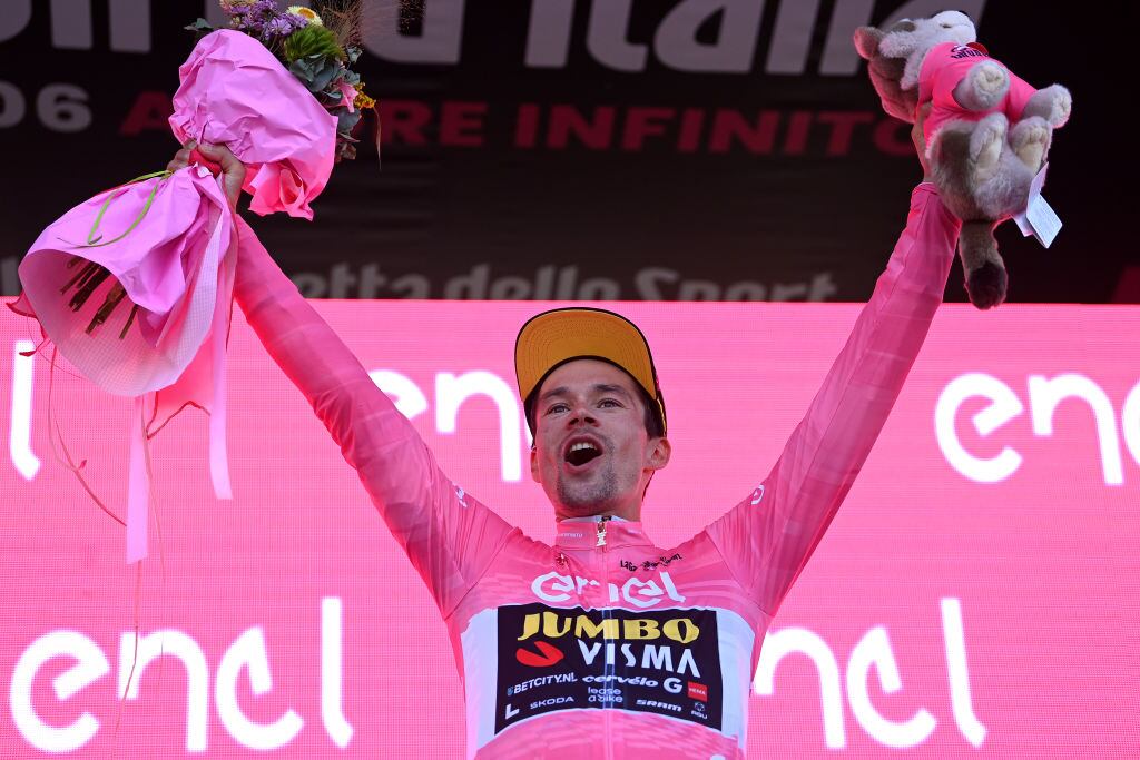 MONTE LUSSARI, ITALY - MAY 27: Primož Roglič of Slovenia and Team Jumbo-Visma celebrates at podium as Pink Leader Jersey winner during the 106th Giro d'Italia 2023, Stage 20 a 18.6km individual climbing time trial stage from Tarvisio 750m to Monte Lussari 1744m / #UCIWT / on May 27, 2023 in Monte Lussari, Italy. (Photo by Tim de Waele/Getty Images)