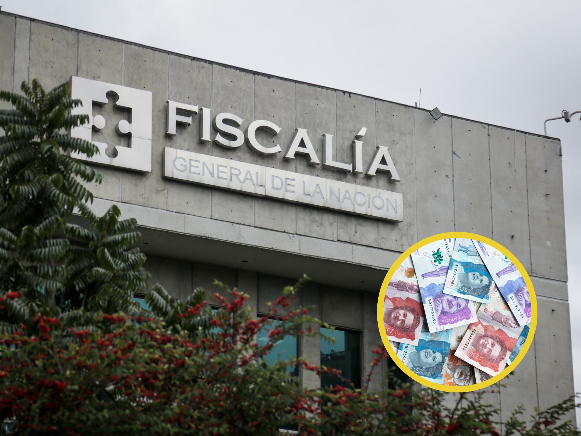 Fachada de la Fiscalía General de la Nación en Bogotá. En el círculo, la imagen de billetes colombianos (Fotos vía GettyImages)