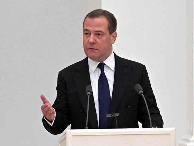 Deputy chairman of the Russian Security Council Dmitry Medvedev speaks during a meeting with members of the Security Council in Moscow on February 21, 2022. - Russian President Vladimir Putin said on February 21, 2022, he would make a decision &quot;today&quot; on recognising the independence of east Ukraine&#039;s rebel republics, after Russia&#039;s top officials made impassioned speeches in favour of the move. (Photo by Alexey NIKOLSKY / Sputnik / AFP) (Photo by ALEXEY NIKOLSKY/Sputnik/AFP via Getty Images)