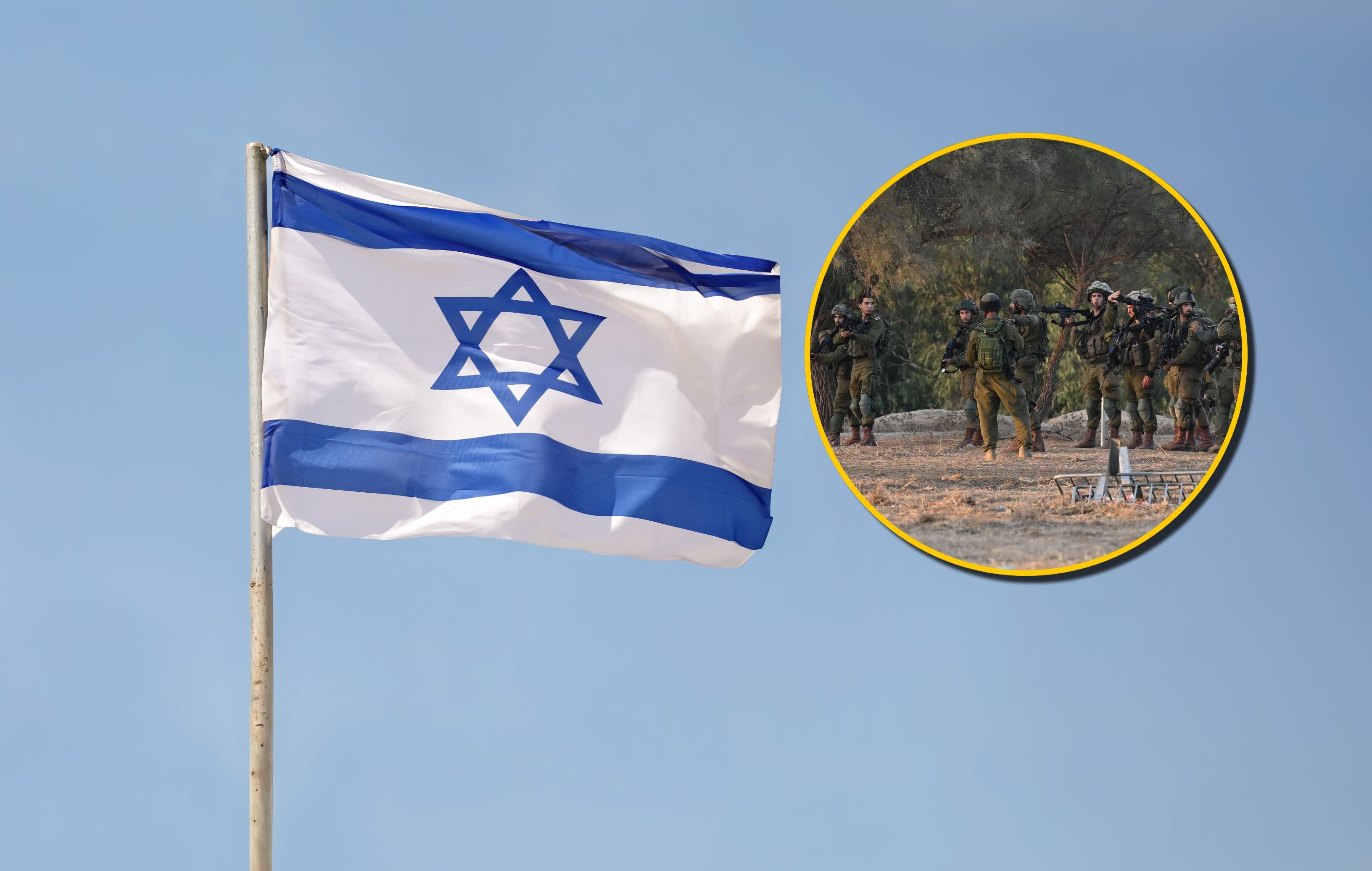 Bandera de Israel y referencia de disparos por fuerzas israelíes. Foto: NickBrundle Photography/ Leon Neal vía Getty Images.