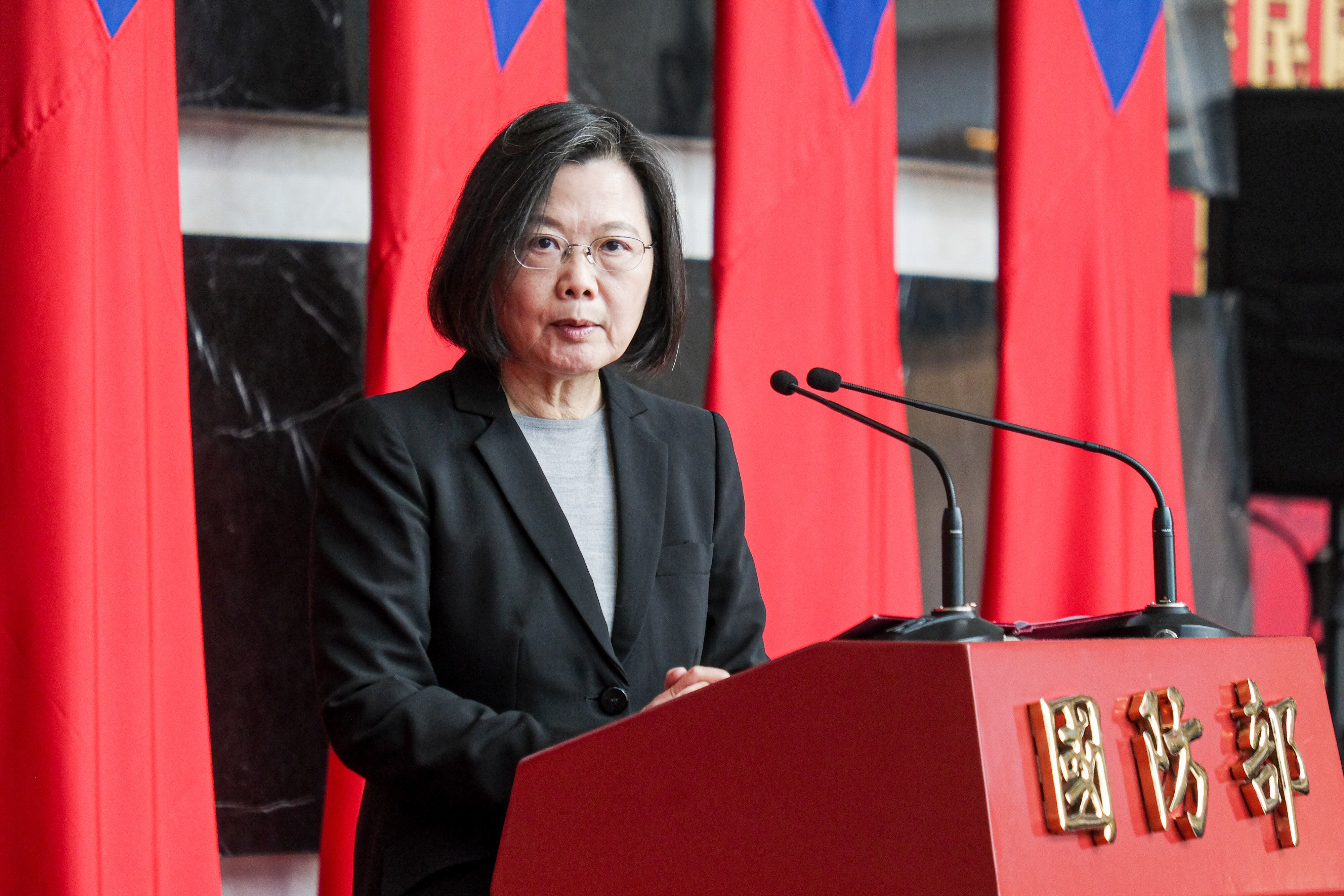 TAIPEI, TAIWAN - 2021/12/28: Taiwanese President Tsai Ing-wen gives her remarks during the promotion ceremony of generals and officers at the Taiwanese Ministry of National Defense. (Photo by Walid Berrazeg/SOPA Images/LightRocket via Getty Images)