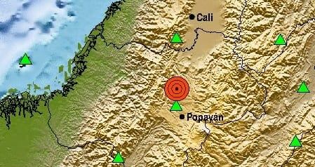 El evento tuvo como epicentro el municipio de Cajibío centro de la región con una profundidad superficial inferior a 30 kilómetros. Crédito: Servicio Geológico Colombiano.