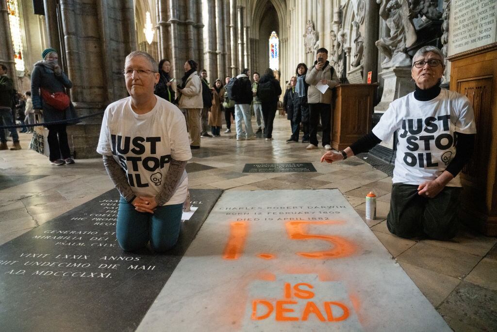 Activistas de Just Stop Oil marcan la frase "1.5 is dead" en la tumba de Charles Darwin. I Foto: Kristian Buus/In Pictures via Getty Images.