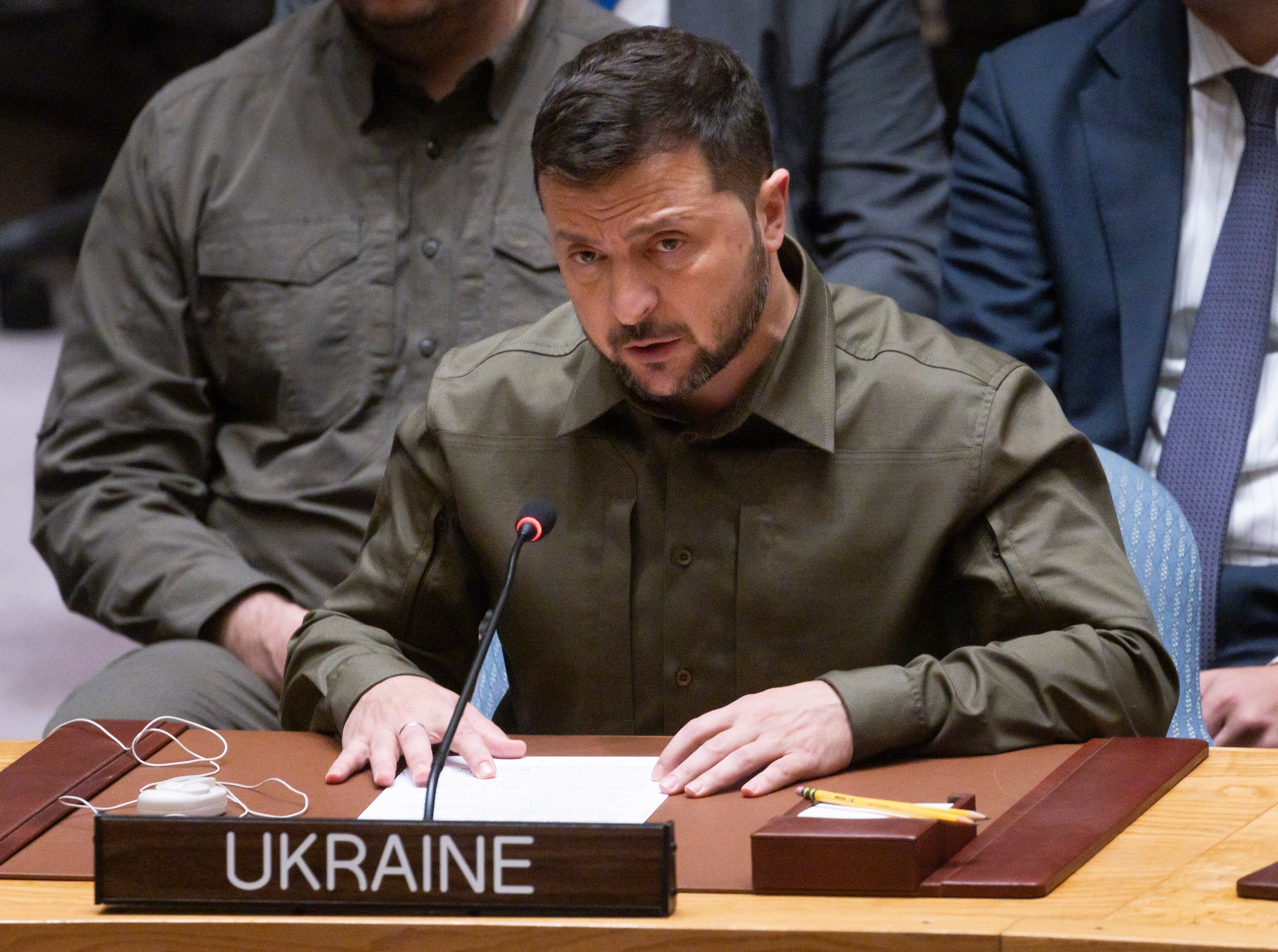 New York (United States), 20/09/2023.- Ukraine's President Volodymyr Zelensky addresses an United Nations Security Council meeting about the war between Ukraine and Russia on the sidelines of the 78th session of the United Nations General Assembly at United Nations Headquarters in New York, New York, USA, 20 September 2023. (Rusia, Ucrania, Nueva York) EFE/EPA/JUSTIN LANE