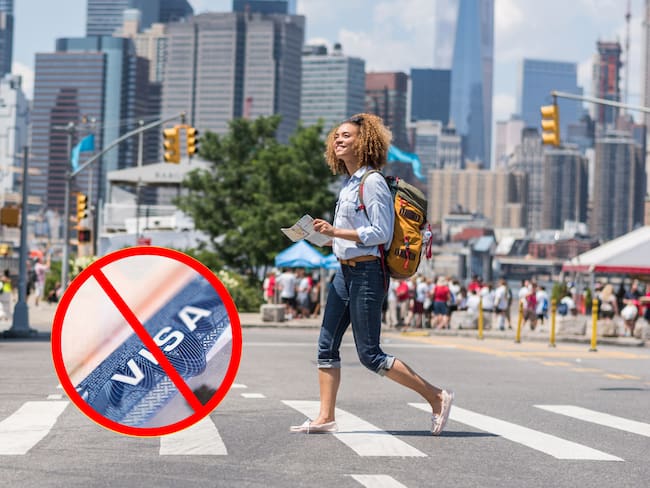 De fondo, una mujer haciendo turismo dentro de Estados Unidos. En el círculo, referencia al no requerimiento de la visa / Fotos: GettyImages