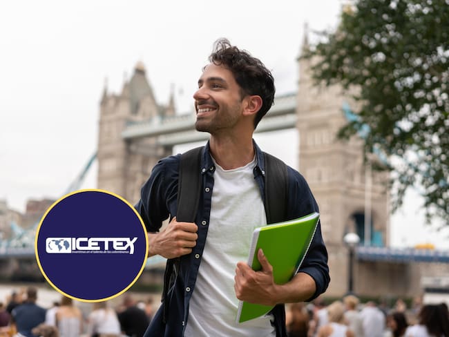 Estudiante de intercambio en Londres frente al Puente de la Torre. En el círculo, el logo de ICETEX (Fotos vía GettyImages y redes sociales)