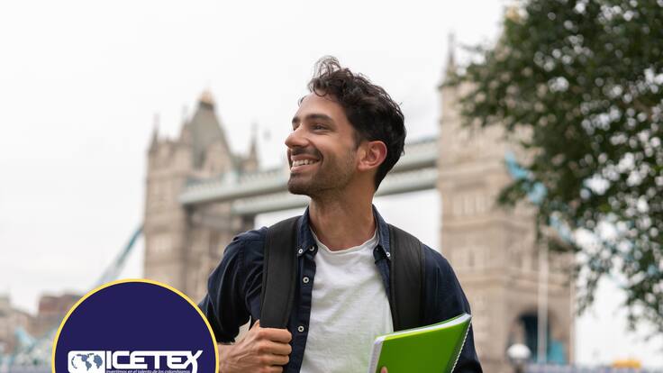 Estudiante de intercambio en Londres frente al Puente de la Torre. En el círculo, el logo de ICETEX (Fotos vía GettyImages y redes sociales)