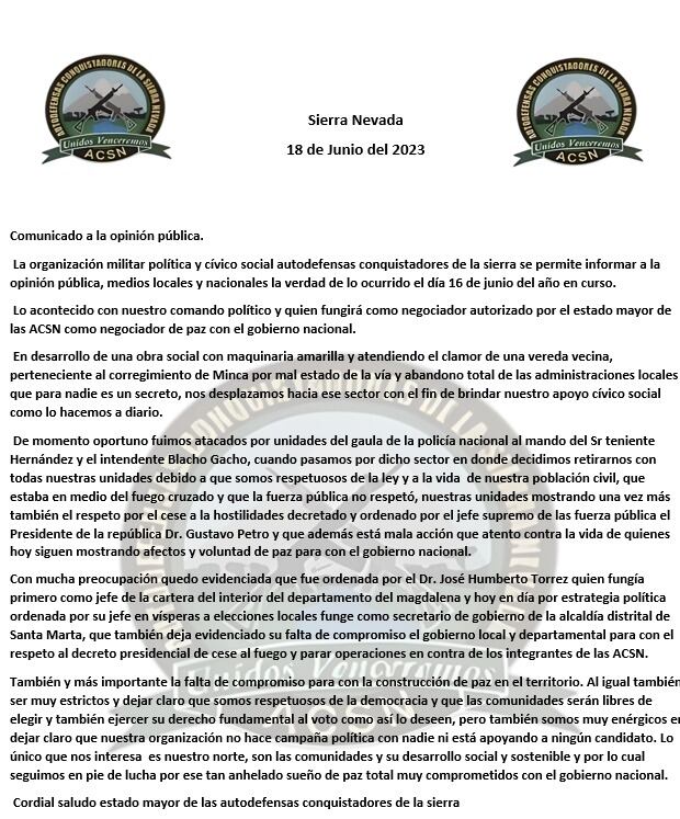 Comunicado de las Autodefensas Conquistadores de la Sierra Nevada.