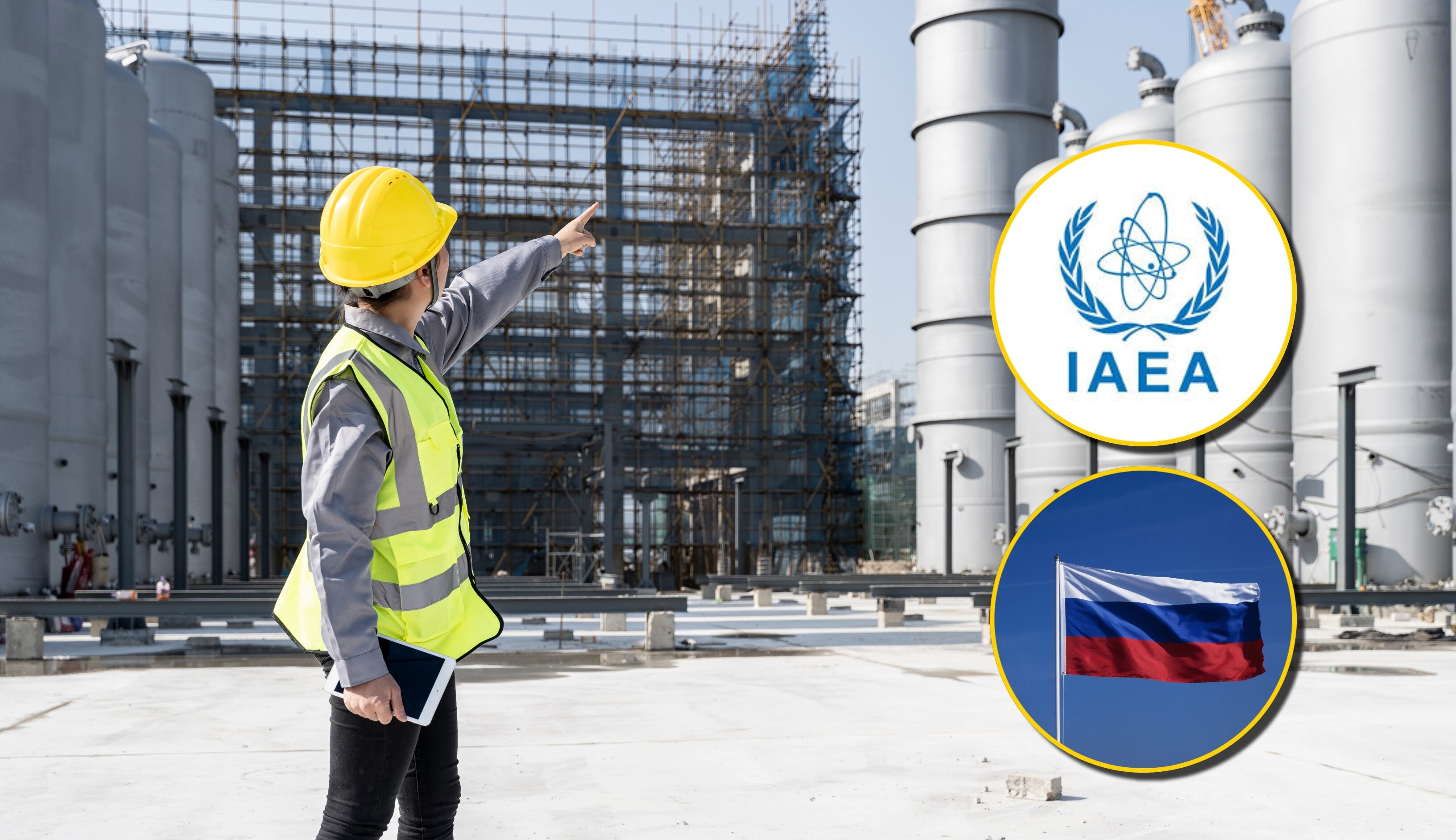 Referencia de reactivación nuckear, bandera de Rusia y OIEA. Foto: ma li y Wolfgang Deuter vía Getty Images, Organismo Internacional de Energía Atómica - OIEA / IAEA. 