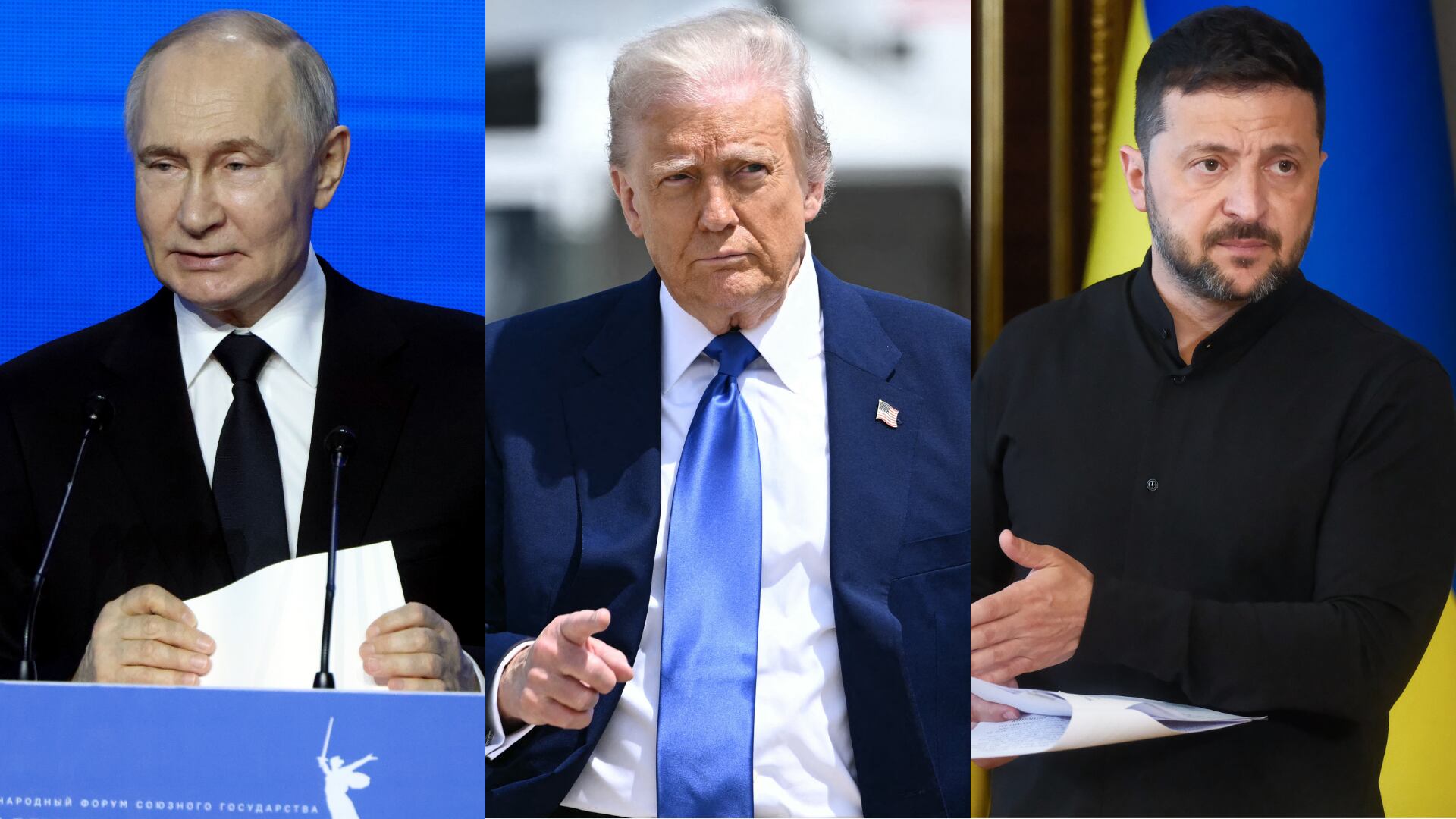 Donald Trump. Foto: BRENDAN SMIALOWSKI/AFP via Getty Images - Vladímir Putin. Foto: Contributor/Getty Images. - Volodímir Zelenski. Foto: Vitalii Nosach/Global Images Ukraine via Getty Images