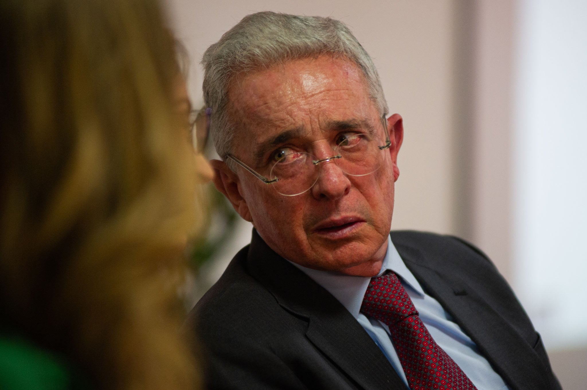 Former Colombian president Alvaro Uribe Velez speaks during the Centro Democratico political party meeting to choose a path for the 2022 presidential elections in Colombia, after the prelimiary elections, in Bogota, Colombia, March 15, 2022. (Photo by Sebastian Barros/NurPhoto via Getty Images)