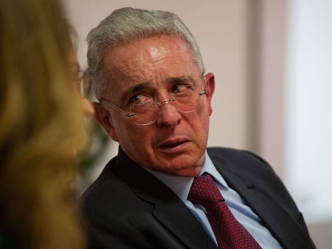 Former Colombian president Alvaro Uribe Velez speaks during the Centro Democratico political party meeting to choose a path for the 2022 presidential elections in Colombia, after the prelimiary elections, in Bogota, Colombia, March 15, 2022. (Photo by Sebastian Barros/NurPhoto via Getty Images)