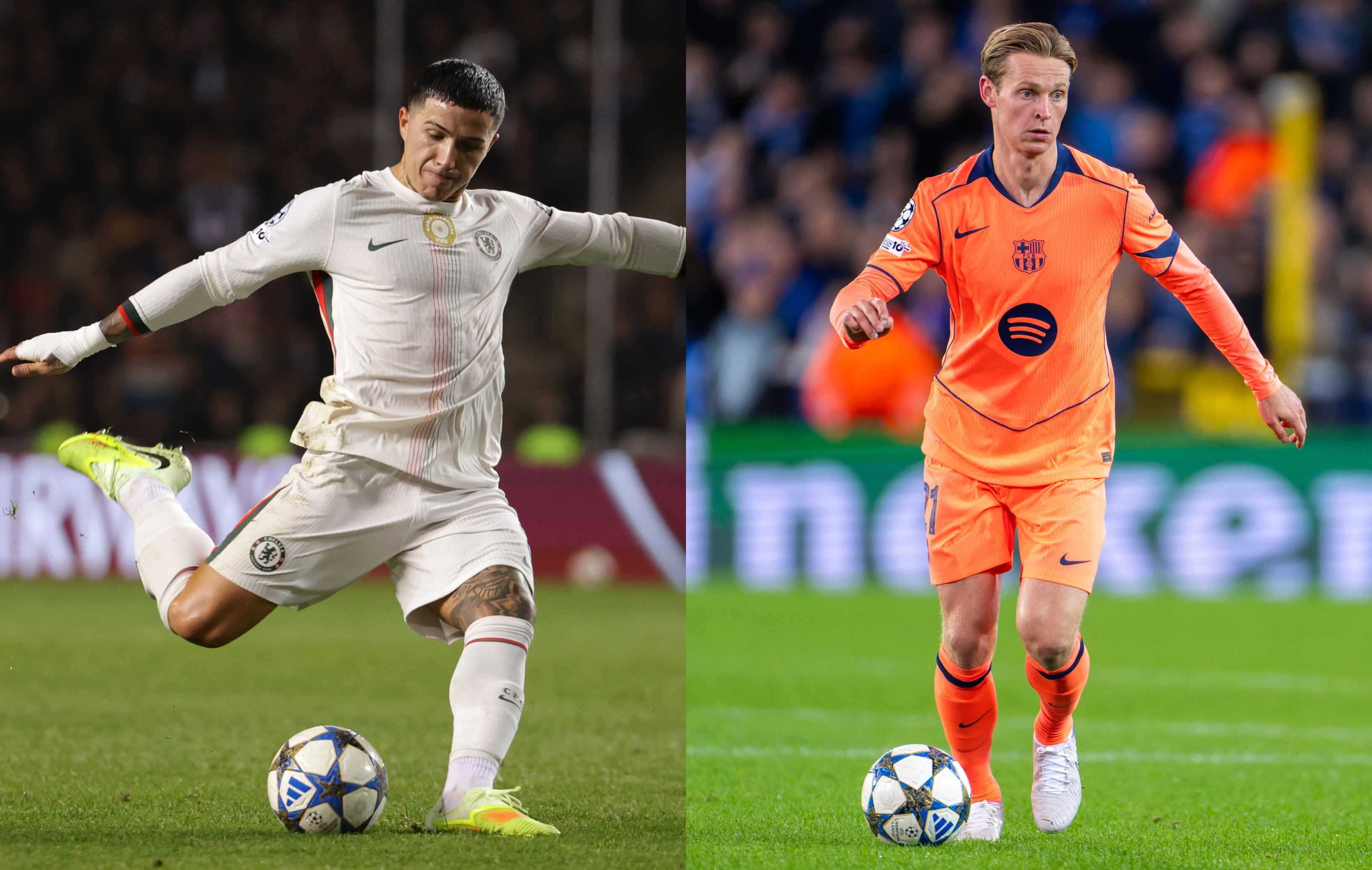 Enzo Fernández de Chelsea. FOTO: Francesco Scaccianoce - UEFA/UEFA via Getty Images.// Frenkie De Jong de Barcelona. FOTO: Joris Verwijst/BSR Agency/Getty Images