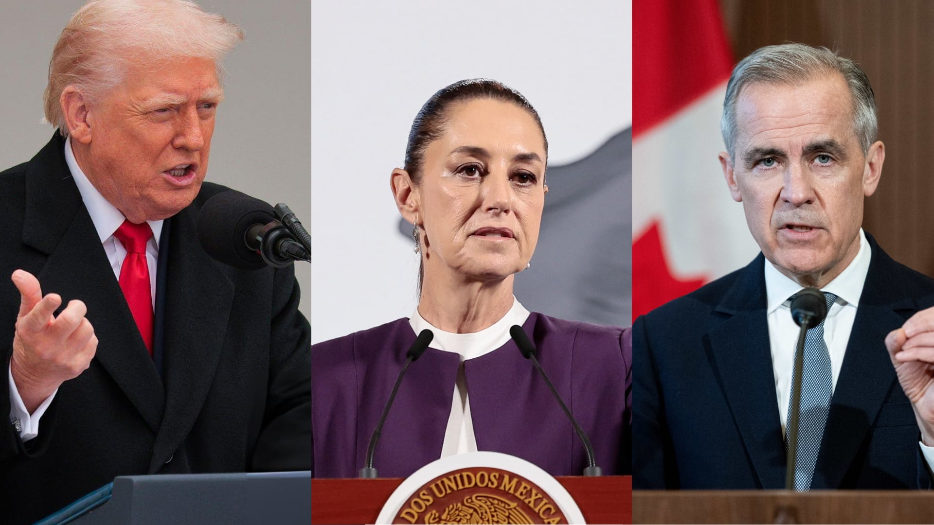 El presidente de Estados Unidos, Donald Trump, de México, Claudia Sheinbaum, y el primer ministro de Canadá, Mark Carney. FOTOS: Getty Images