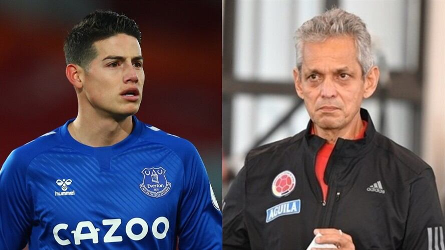 Reinaldo Rueda, entrenador de la Selección Colombia, y James Rodríguez, jugador del Everton. Foto: Robbie Jay Barratt - AMA/Getty Images / Colprensa - Cortesía FCF