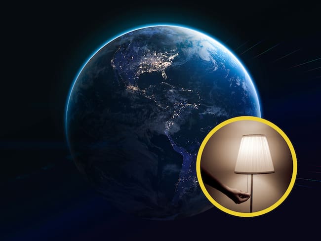 Planeta Tierra de noche con algunas luces de fondo de ciudades. En el círculo, una persona apagando una lámpara (Fotos vía GettyImages)