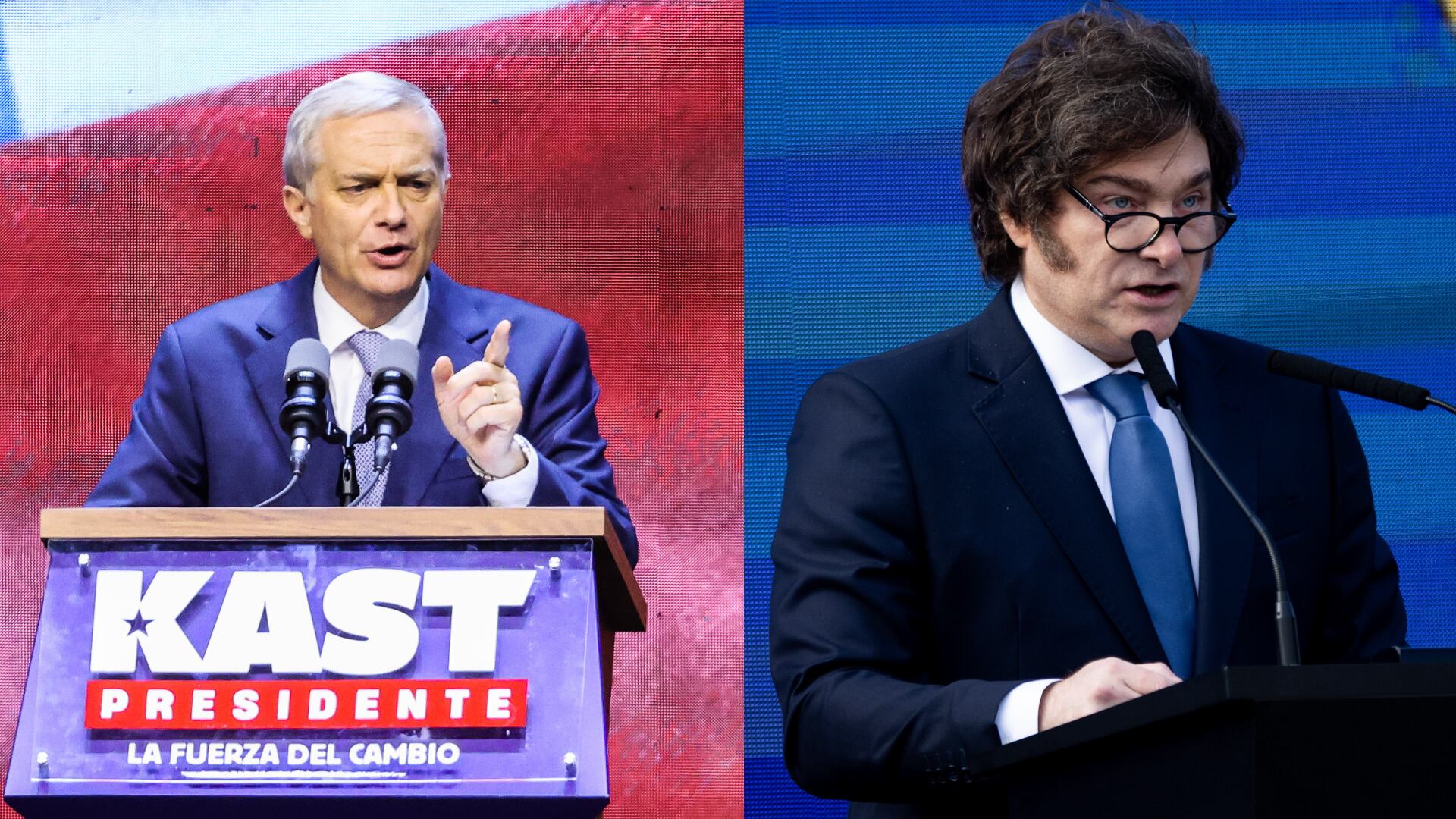 El presidente electo de Chile, José Antonio Kast, y el presidente de Argentina, Javier Milei. FOTOS: Cristobal Basaure Araya y Tomás Cuesta/Getty Images