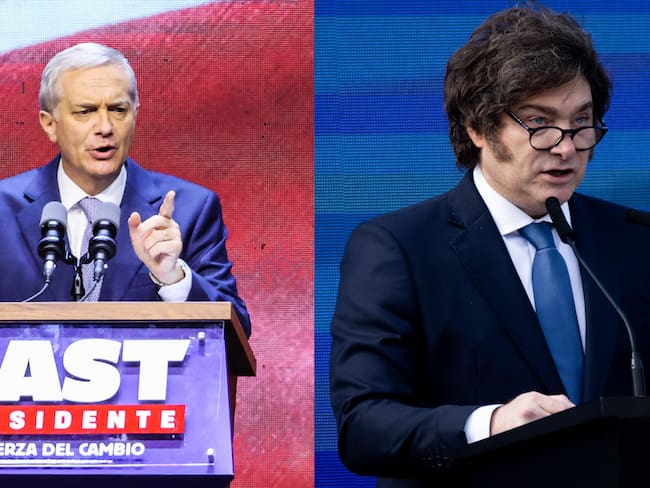 El presidente electo de Chile, José Antonio Kast, y el presidente de Argentina, Javier Milei. FOTOS: Cristobal Basaure Araya y Tomás Cuesta/Getty Images