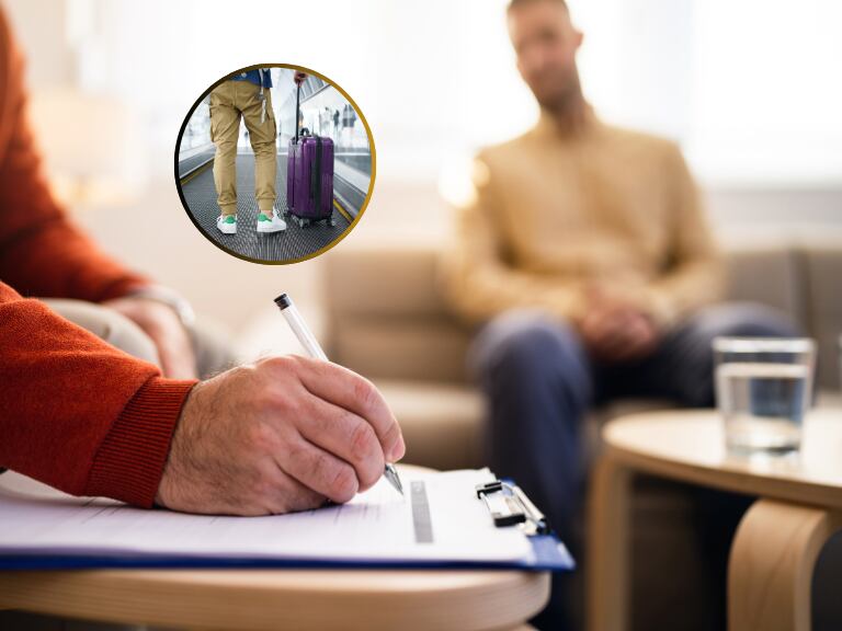 Persona recibiendo un diagnóstico médico y de fondo un hombre con una maleta de viaje (Fotos vía Getty Images)