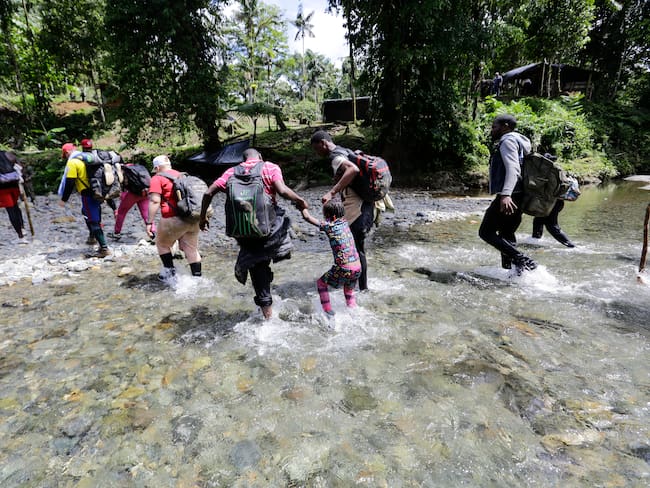 Migrantes caminan en la selva del Darién. Foto: EFE/ Carlos Lemos.