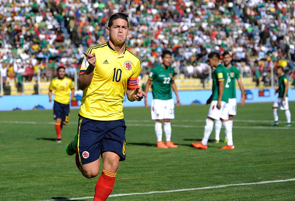 James Rodríguez el 24 de marzo de 2016 tras anotar gol con Colombia en victoria 3-2 contra Bolivia. Foto: Getty Images.