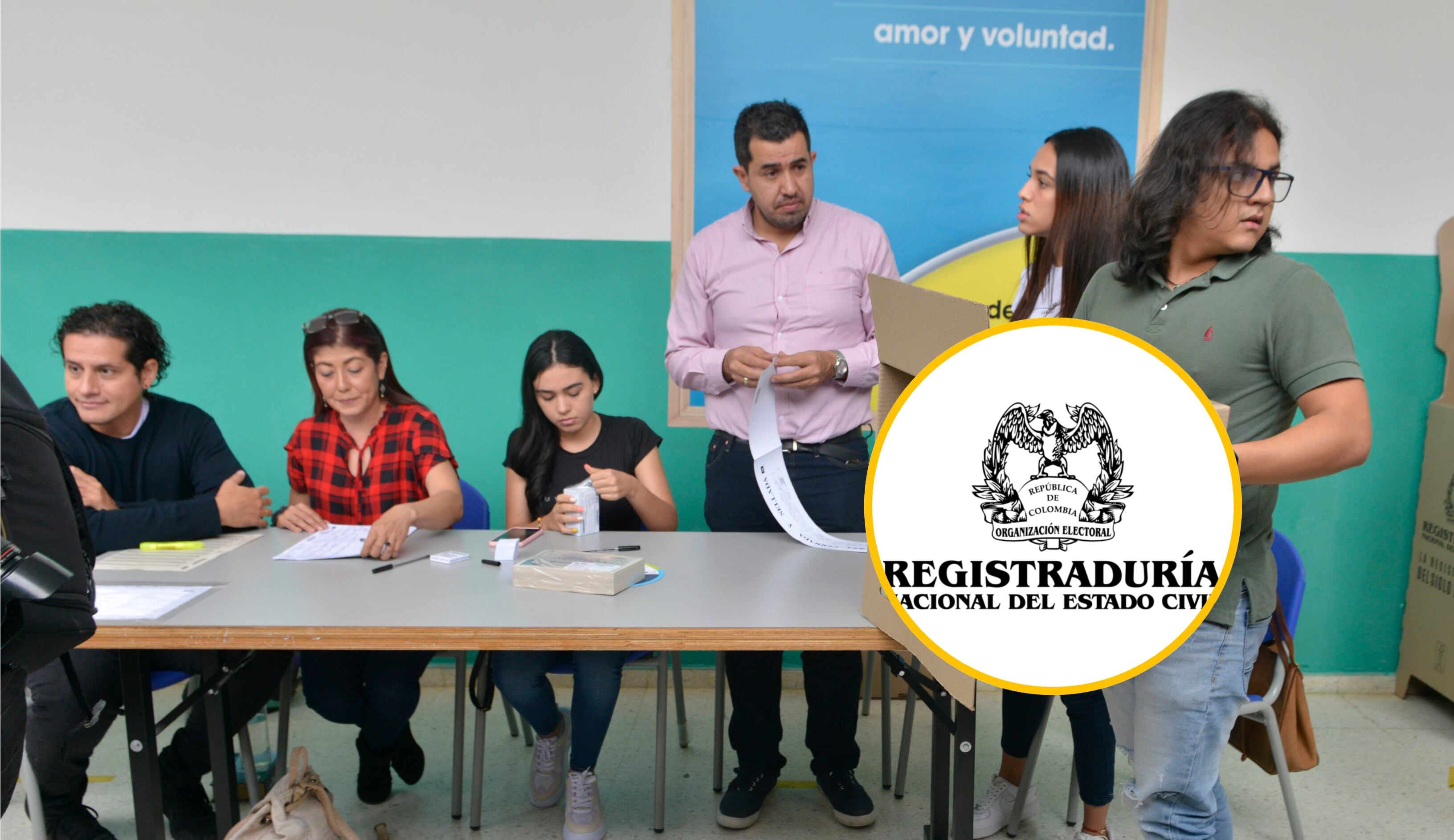 Jurado de votación en elecciones presidenciales de Colombia 2022 y logo de la Registraduría. Foto: Gabriel Aponte/Getty Images y página de la Registraduría Nacional. 