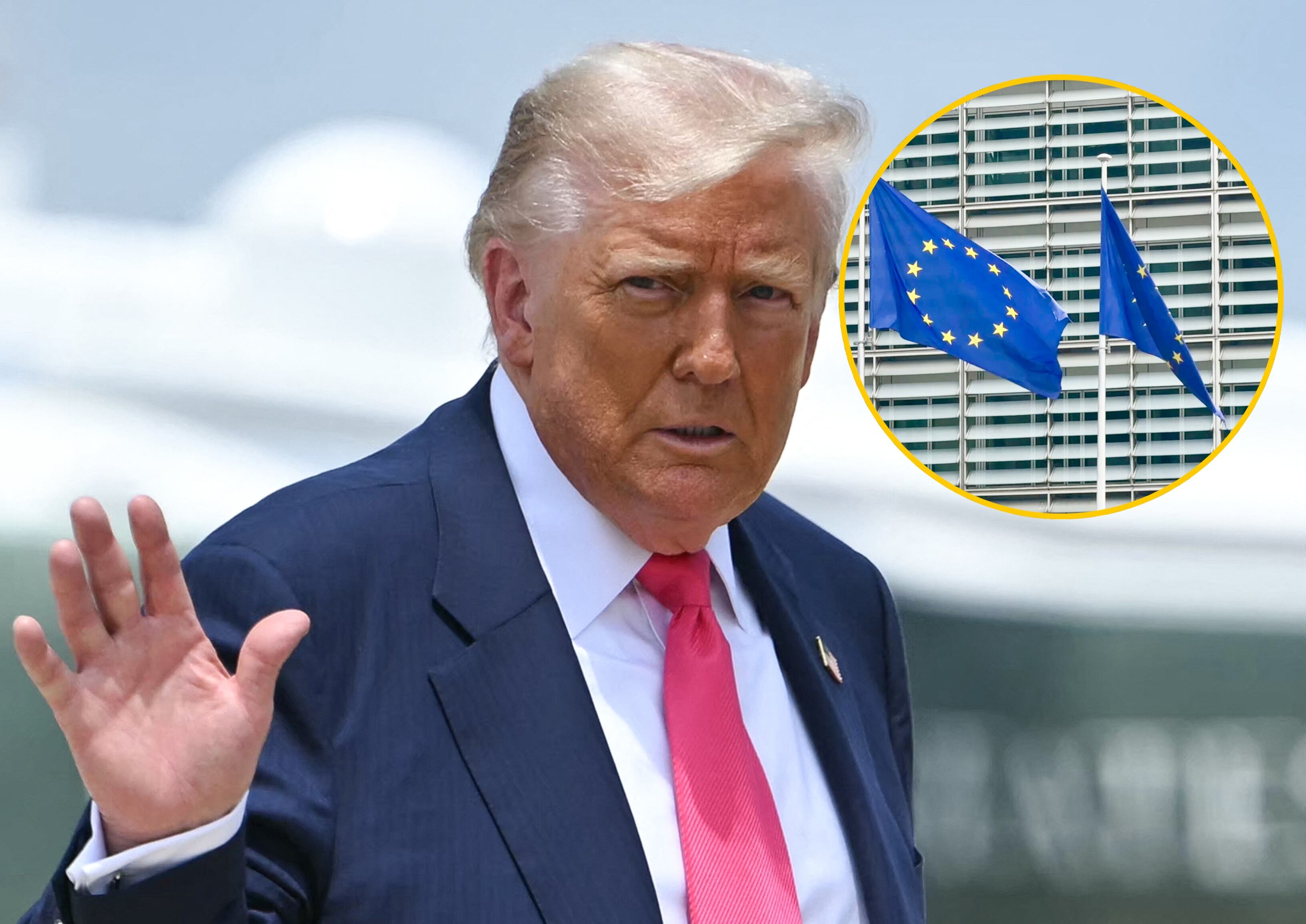 Donald Trump y bandera de la UE. Foto: ANDREW CABALLERO-REYNOLDS/AFP via Getty Images.