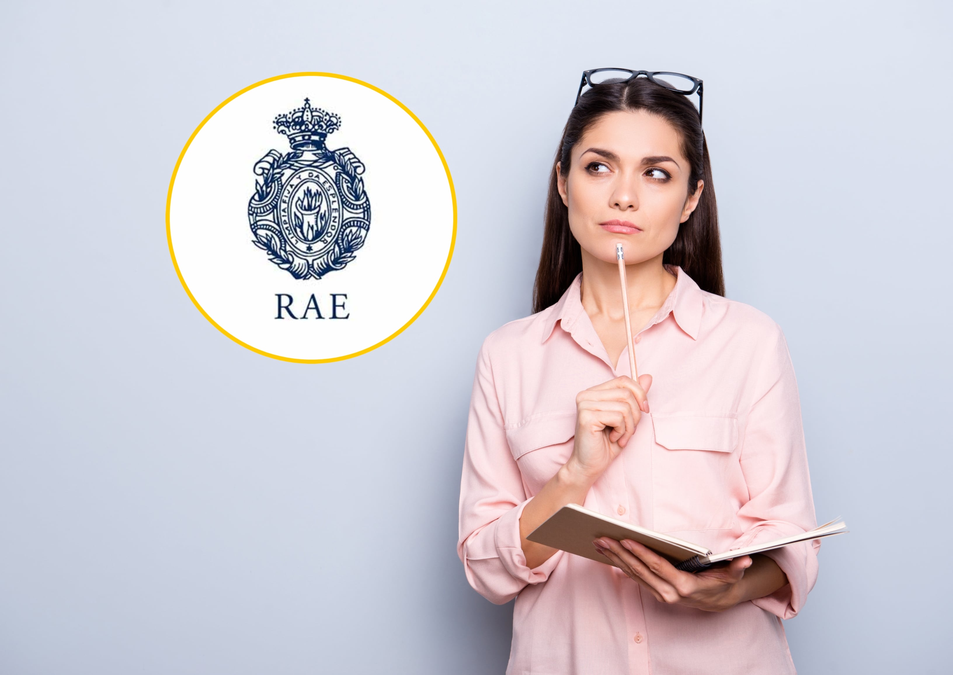 Referencia de una persona dudando y logo de la RAE. Foto: Getty Images y página de la RAE. 
