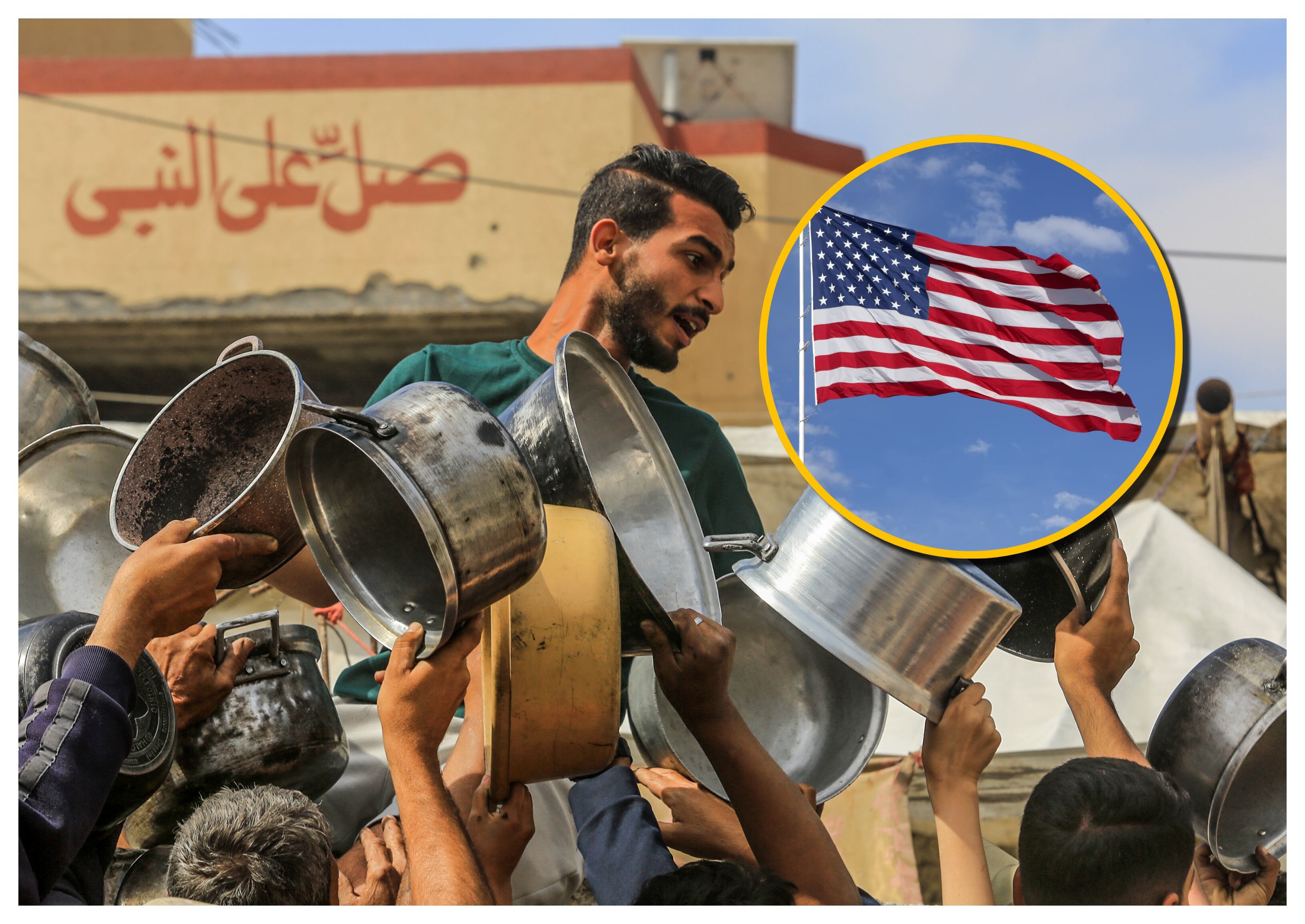 Referencia de ayuda humanitaria en Gaza y bandera de EE.U. Foto: Abed Rahim Khatib/Anadolu y Royce Bair vía Getty Images.