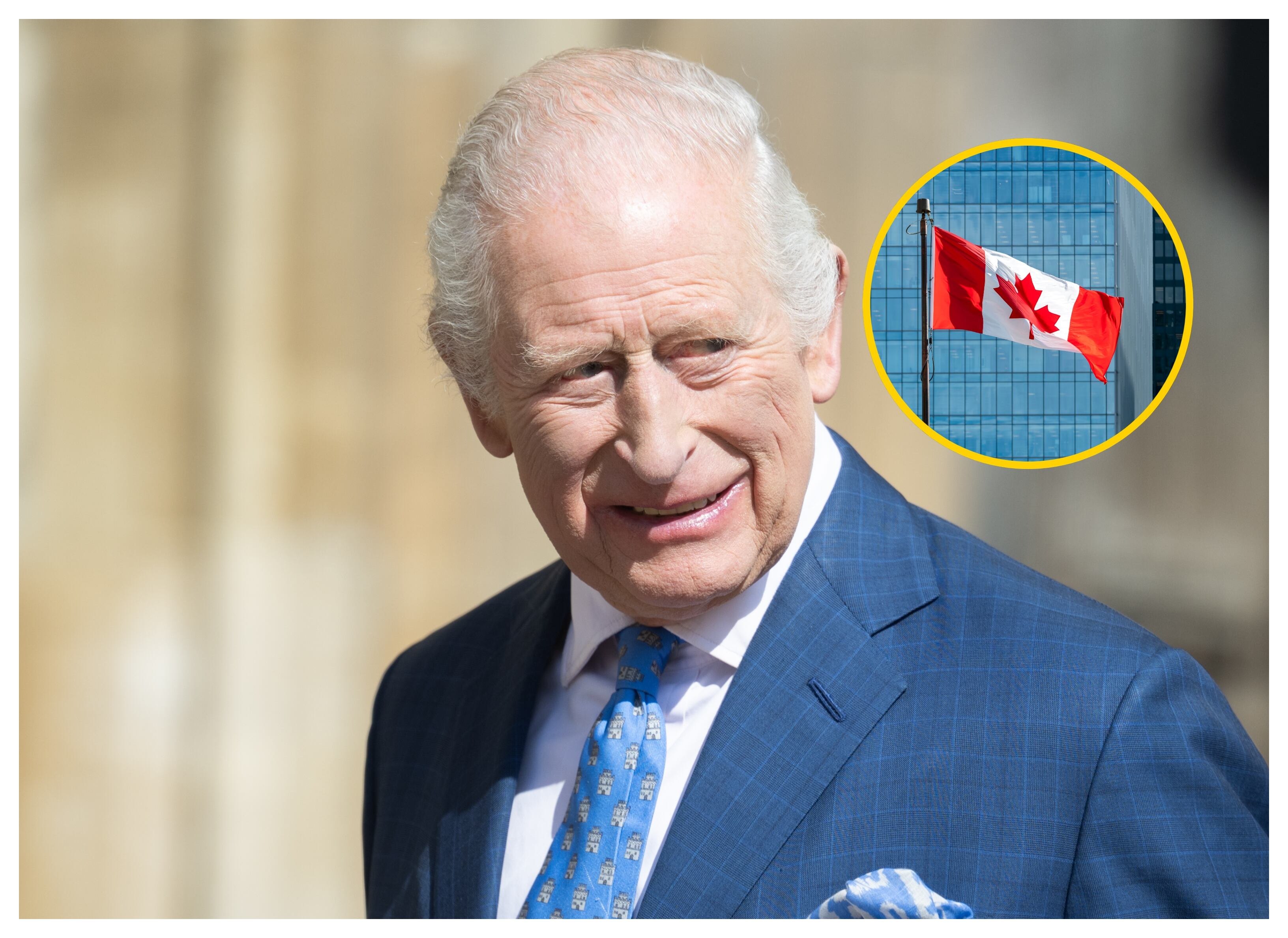 Rey Carlos III y bandera de Canadá. Foto: Samir Hussein/WireImage y Leonid Korchenko vía Getty Images. 