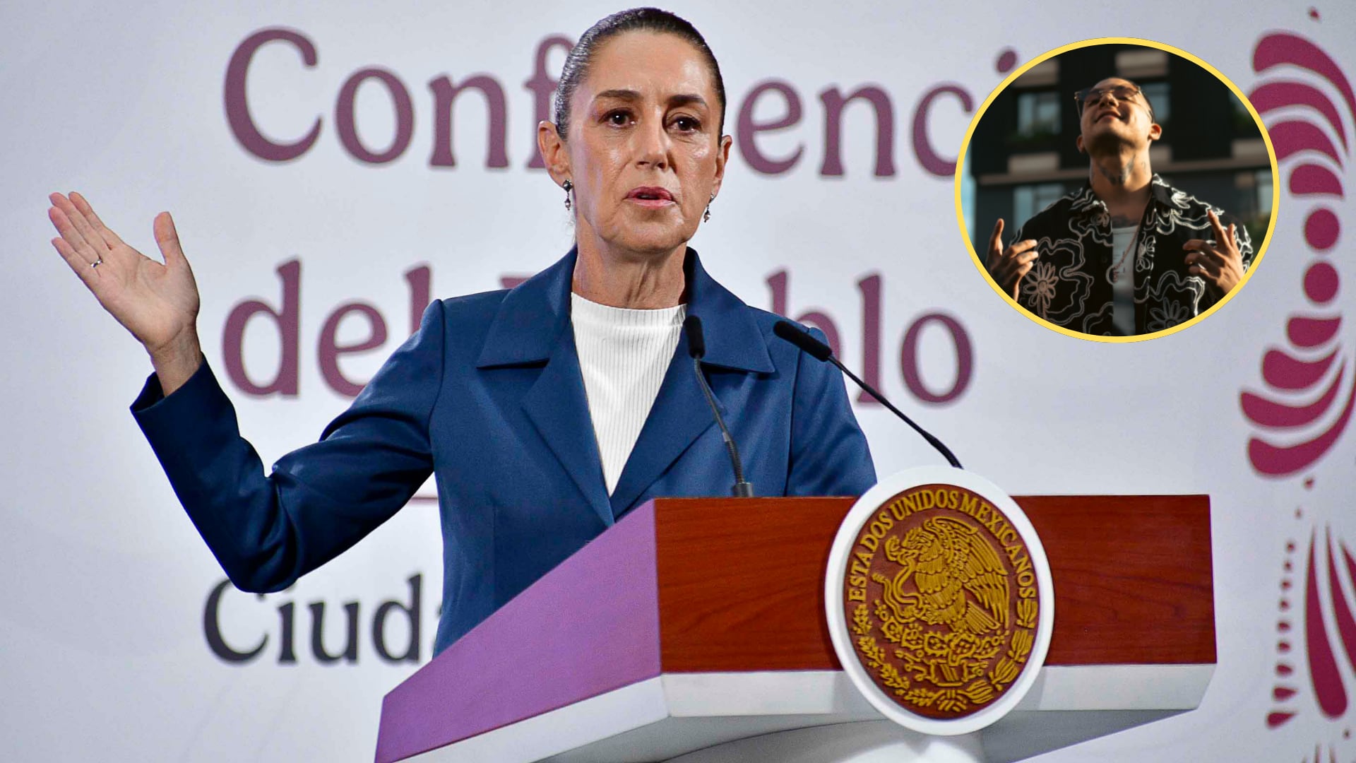 Claudia Sheinbauim, presidenta de México, Bayron Sánchez Salazar, conocido artísticamente como B King. Foto: Johana Remigio/ObturadorMX/Getty Images/ @bkingoficial