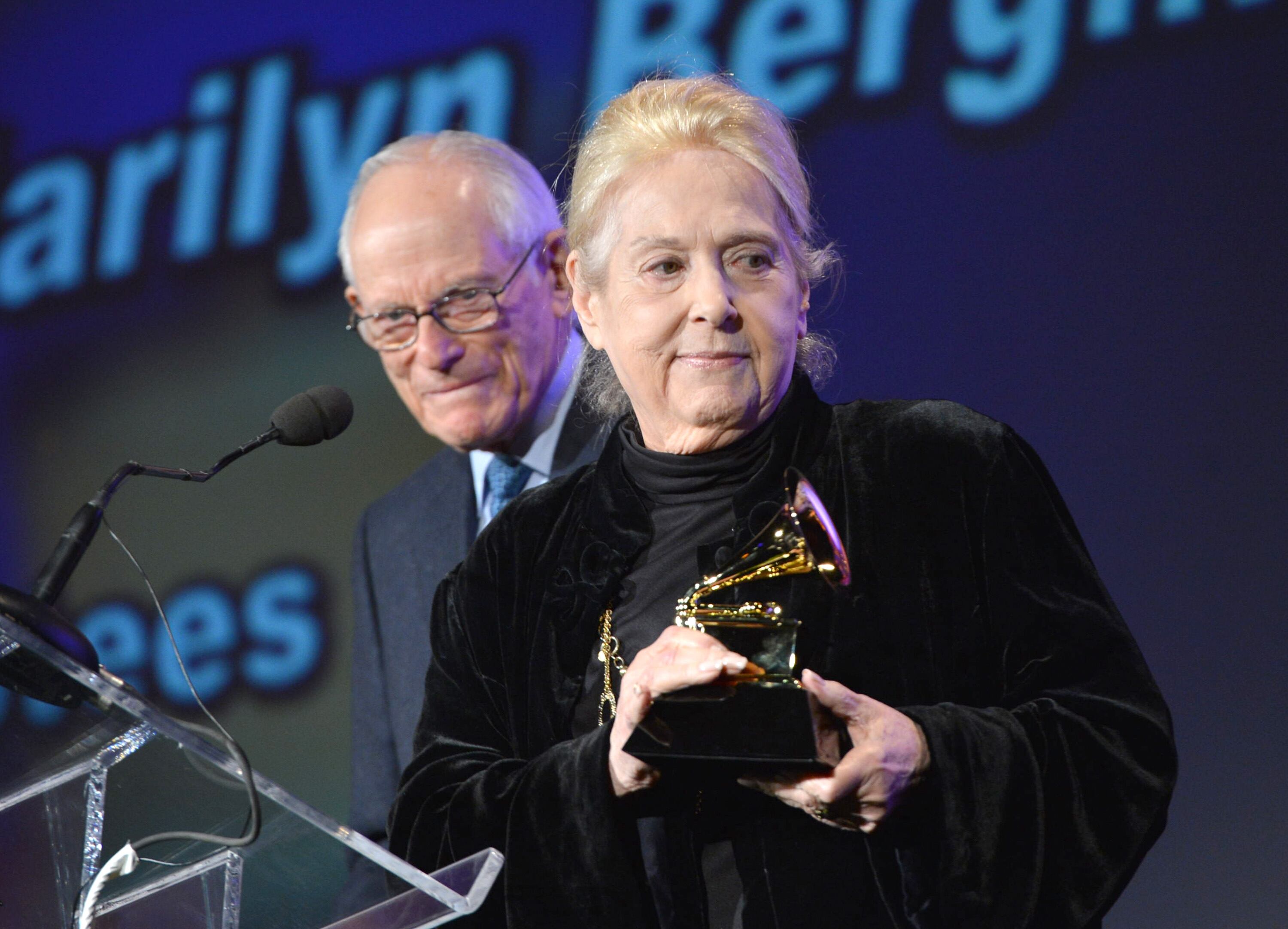LOS ANGELES, CA - FEBRUARY 09:  Songwriters Alan Bergman (L) and Marilyn Bergman on stage at the Special Merit Awards Ceremony during the 55th Annual GRAMMY Awards at the Wilshire Ebell Theater on February 9, 2013 in Los Angeles, California.  (Photo by Rick Diamond/WireImage)