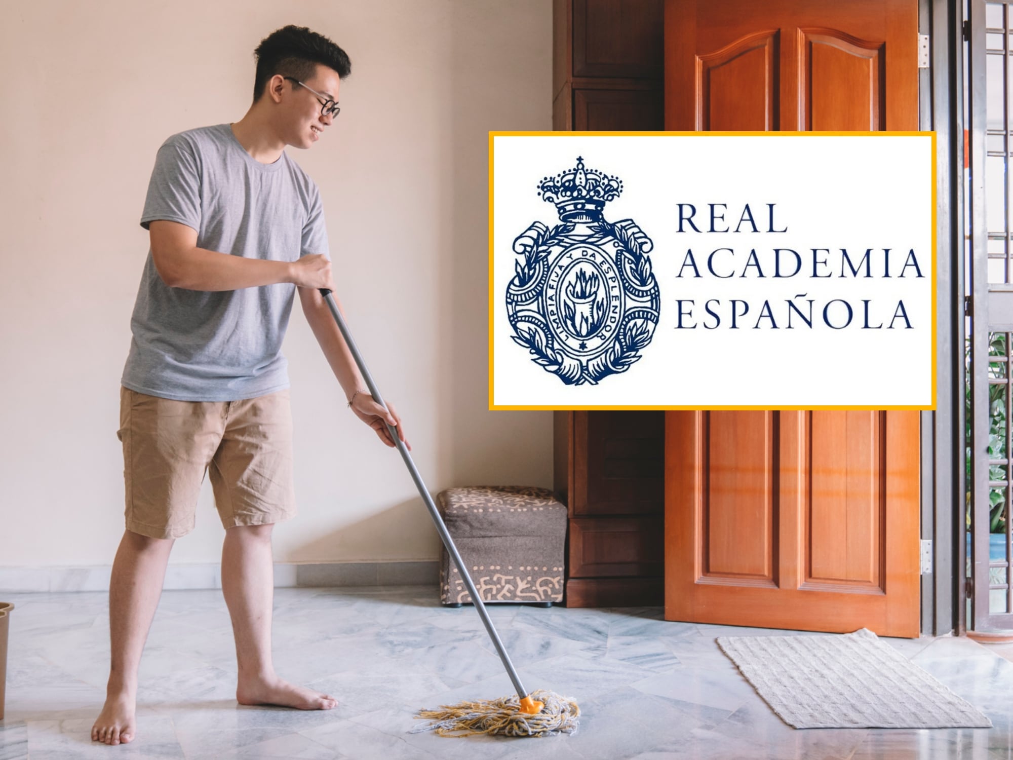 Hombre trapeando el piso, imagen de referencia y logo de la RAE. Fotos: Getty Images y suministrada.