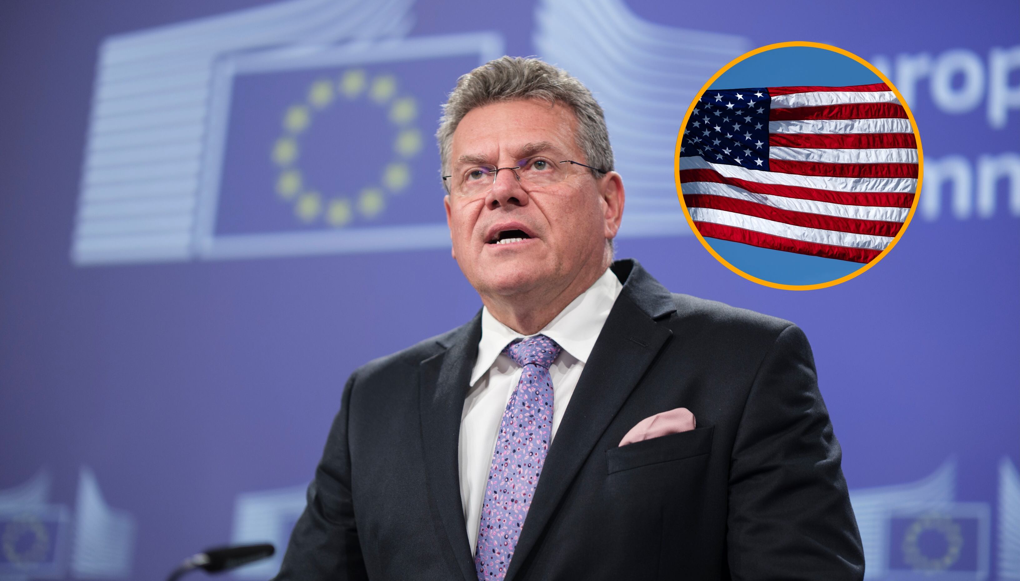 Maros Sefcovic y bandera de EE.UU. Foto: Thierry Monasse/Tomohiro Ohsumi/Getty Images.